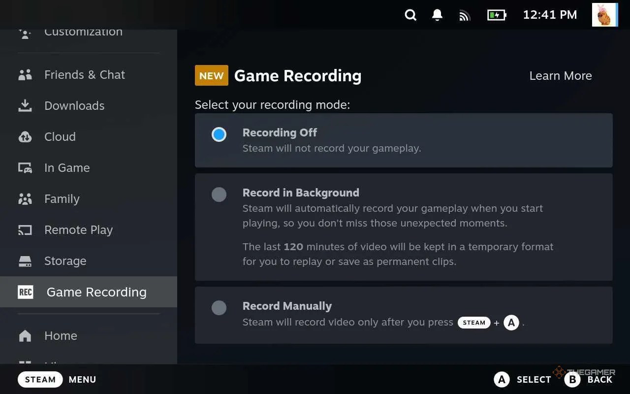Game Recording options on Steam Deck.