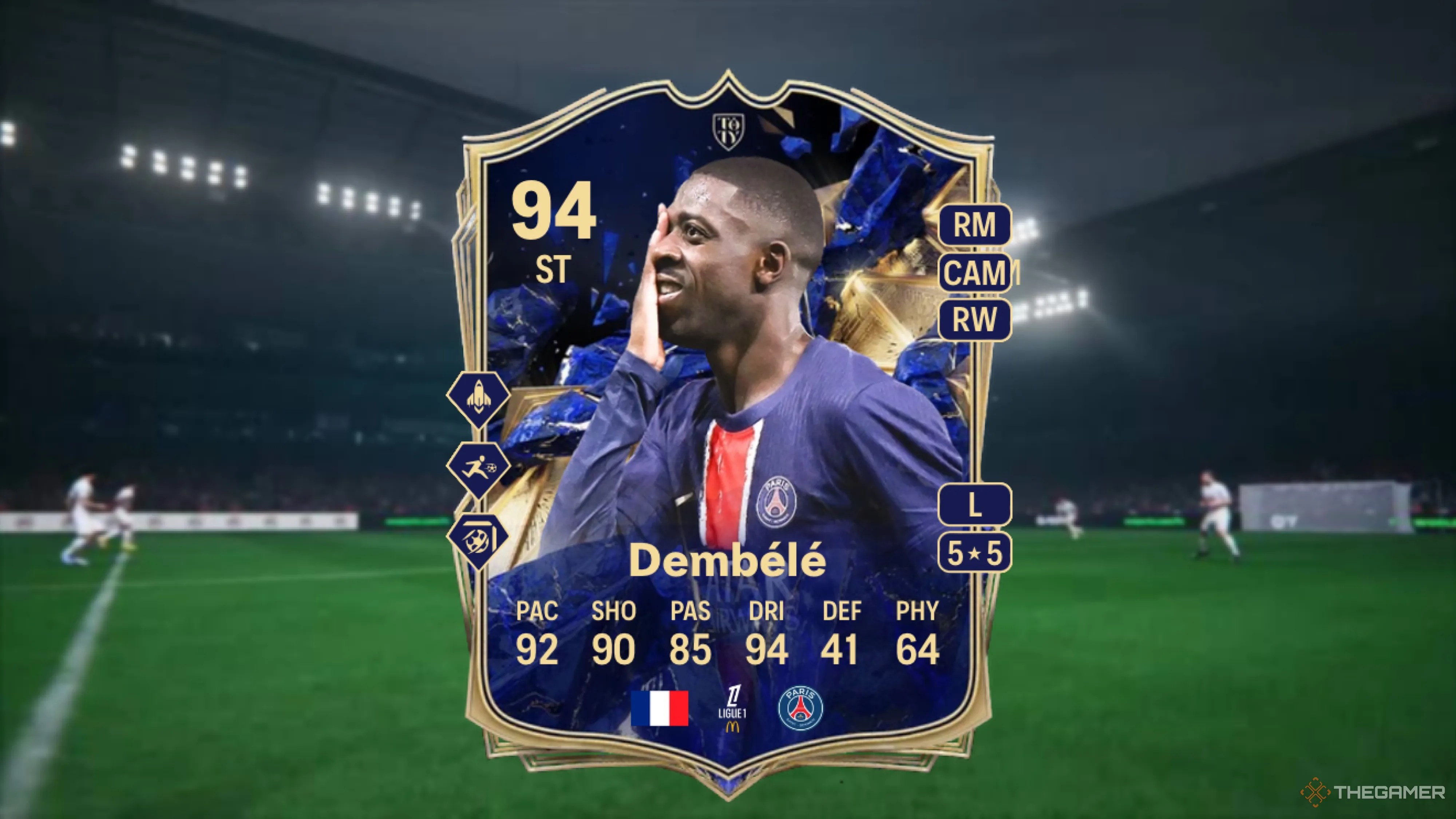 Image showing Dembélé card against a faded pitch background.