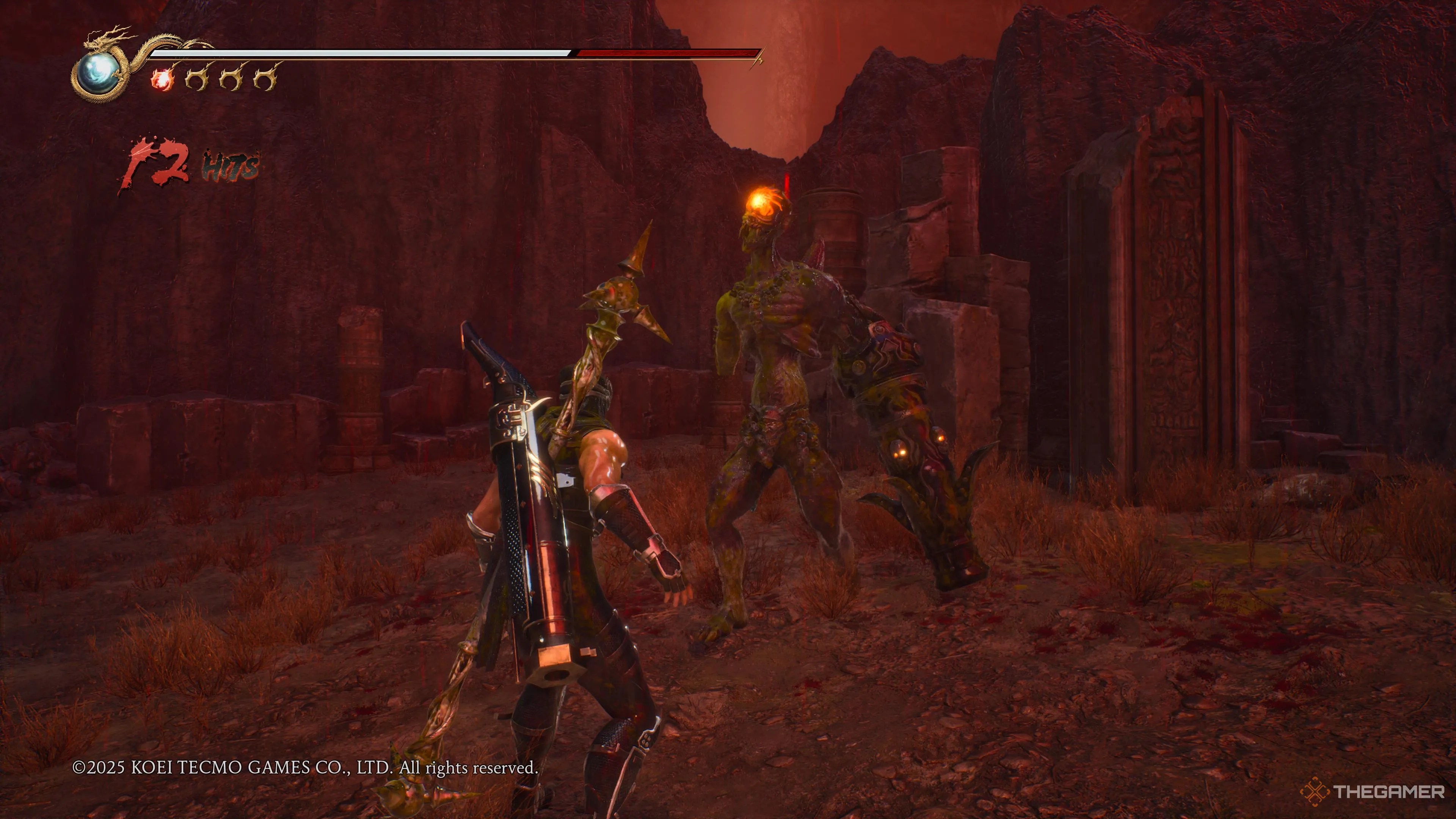 Ryu looking at a dismembered enemy in Ninja Gaiden 2 Black.