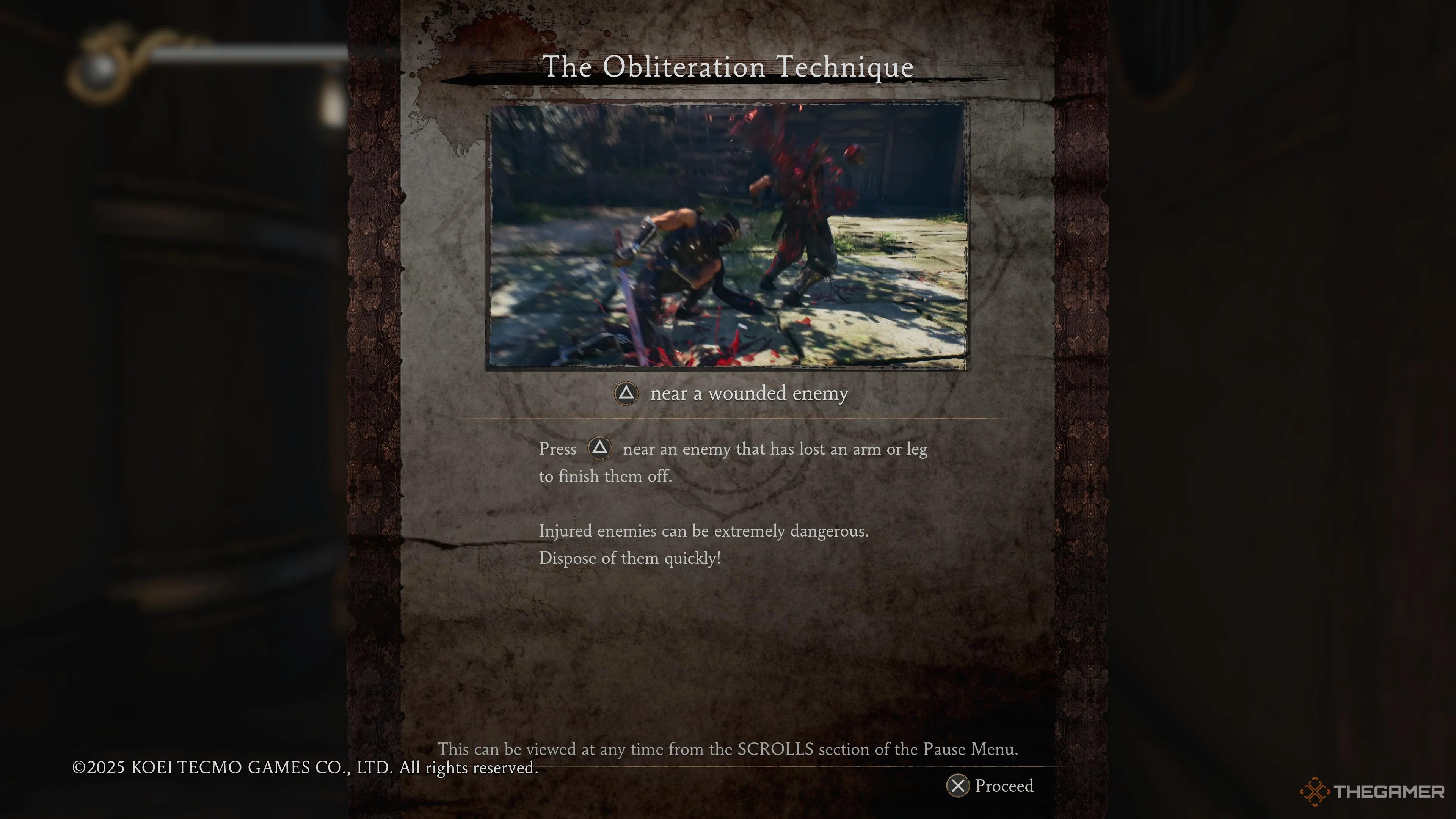 The Obliteration Technique tutorial pop up in Ninja Gaiden 2 Black.