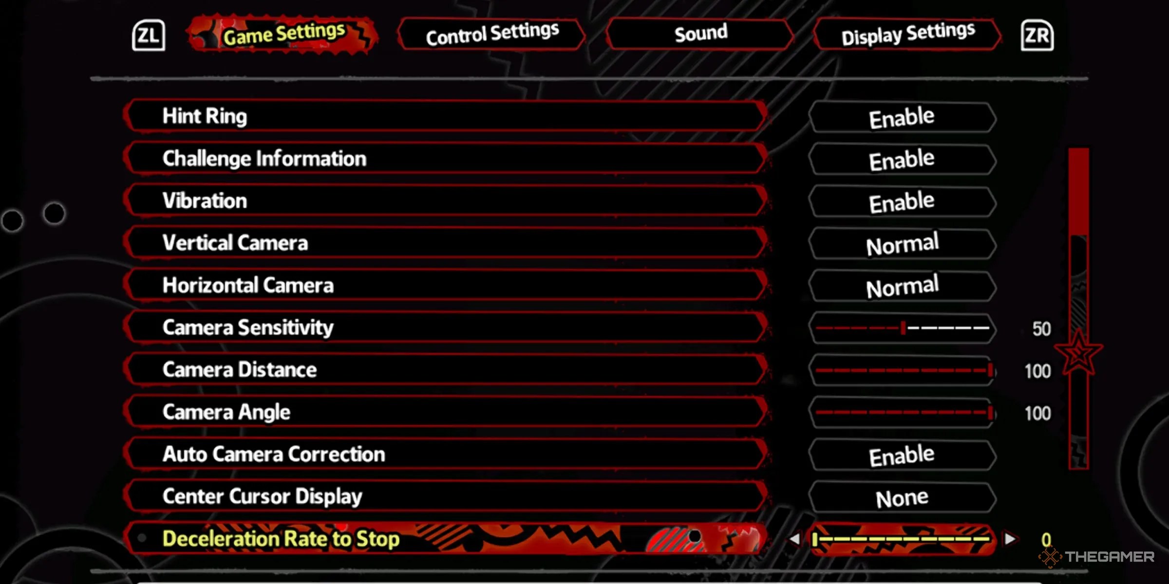 The Game Settings Menu With Various Options With The Deceleration Rate to Stop Option Selected And At Zero In Shadow Generations In Sonic X Shadow Generations