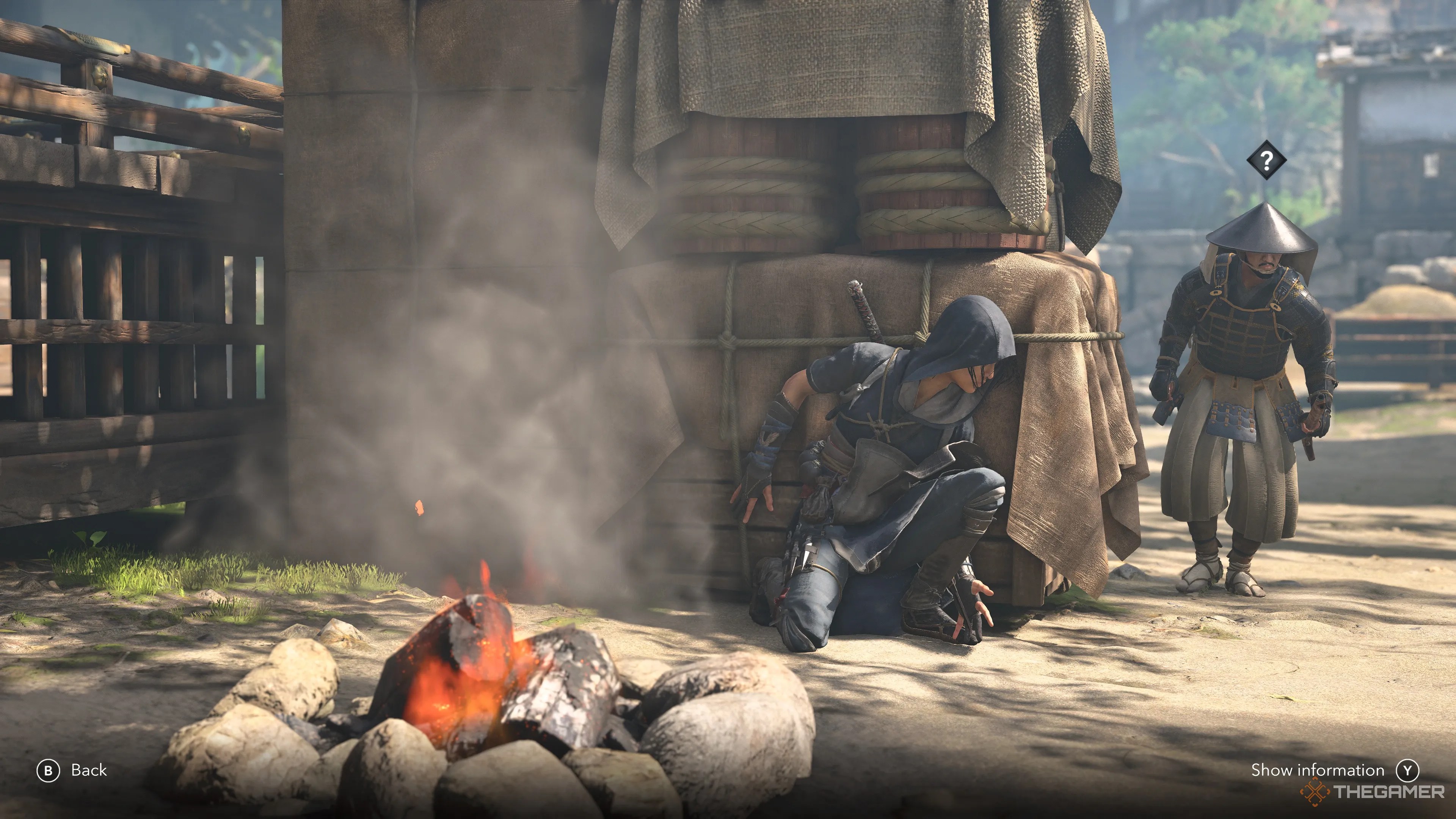 Noae hides from an aware guard in Assassin’s Creed Shadows.