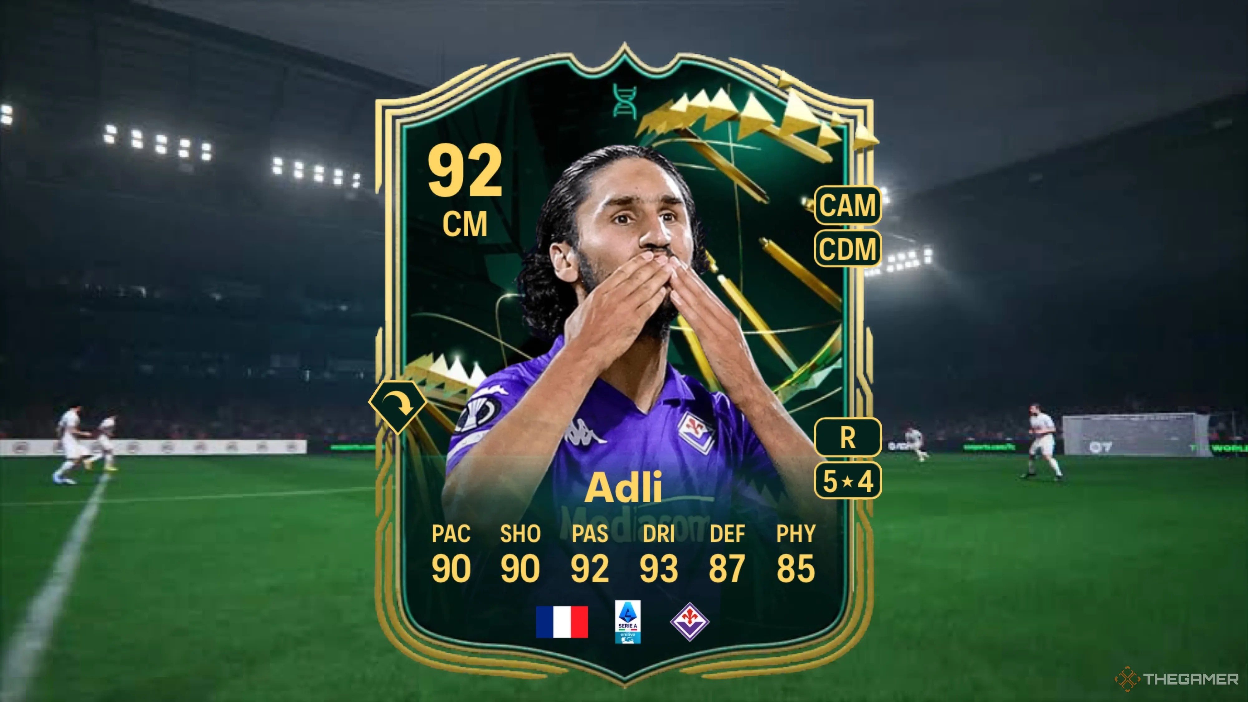 Image showing Adli card against a faded pitch background.