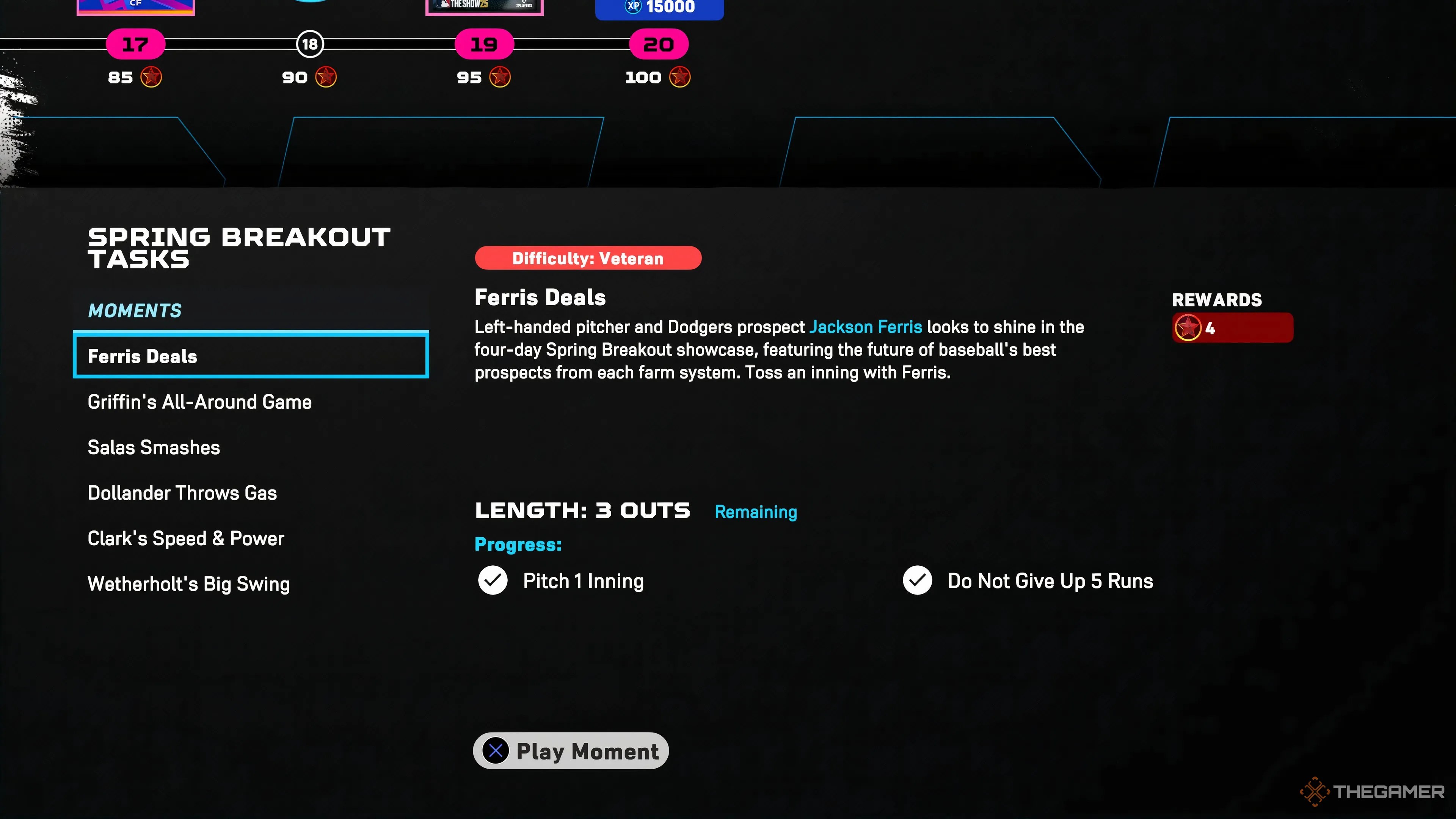 The moments tab in the Spring Breakout Program in MLB The Show 25.