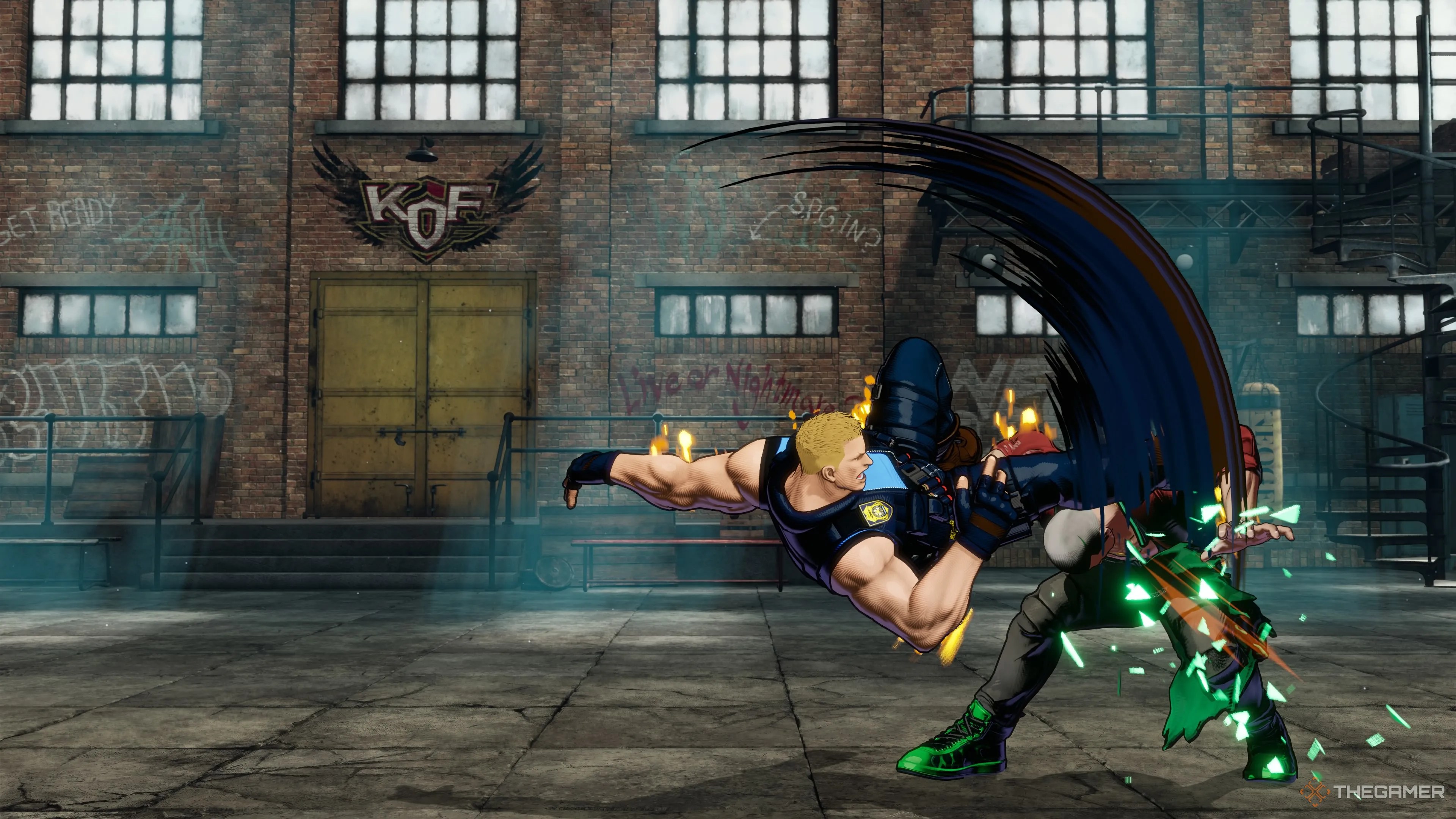 Kevin using his creeper kick in Fatal Fury City of the Wolves.