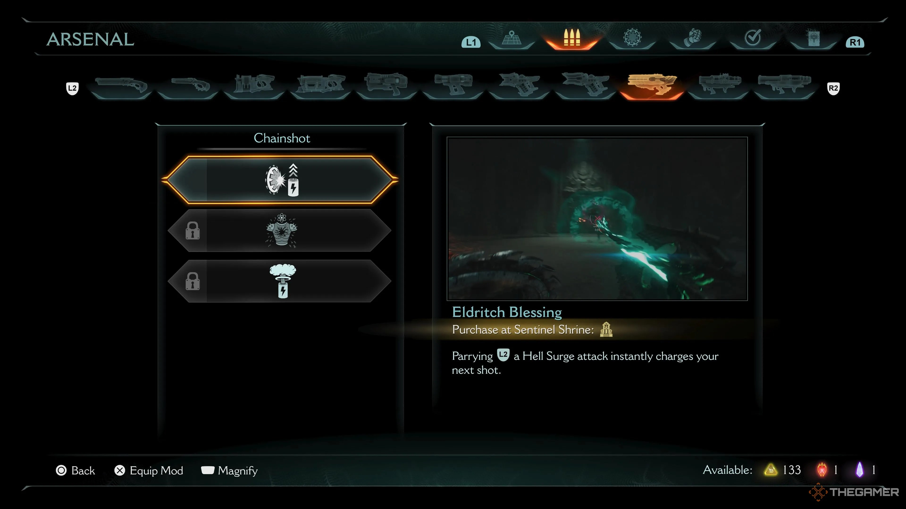 The Chainshot upgrade screen in Doom: The Dark Ages.
