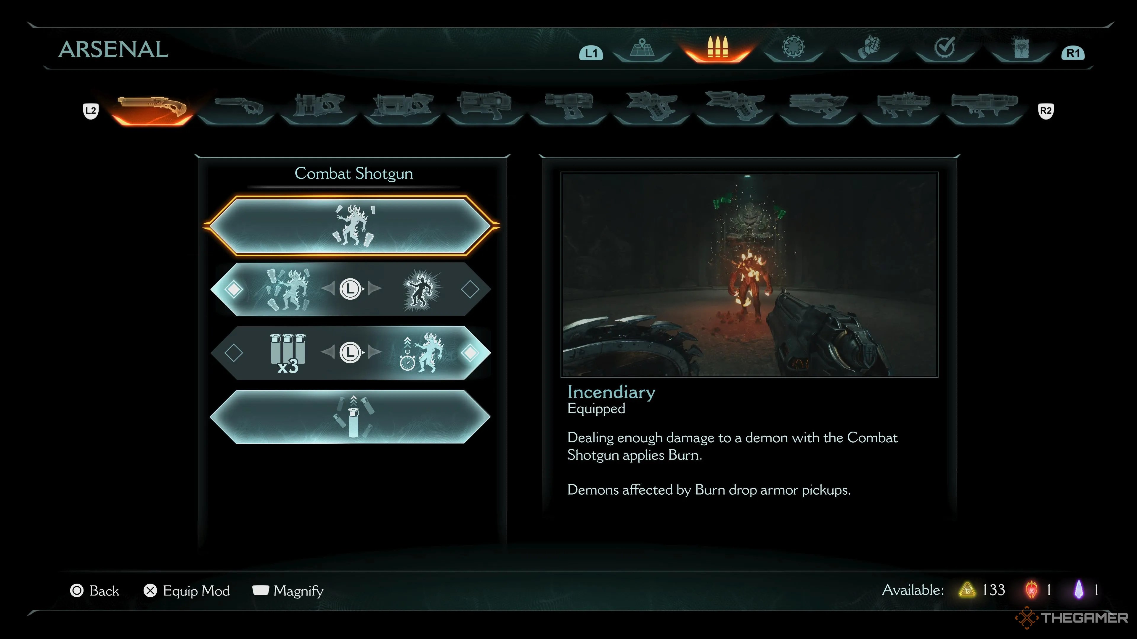 The Combat Shotgun upgrade screen in Doom: The Dark Ages.