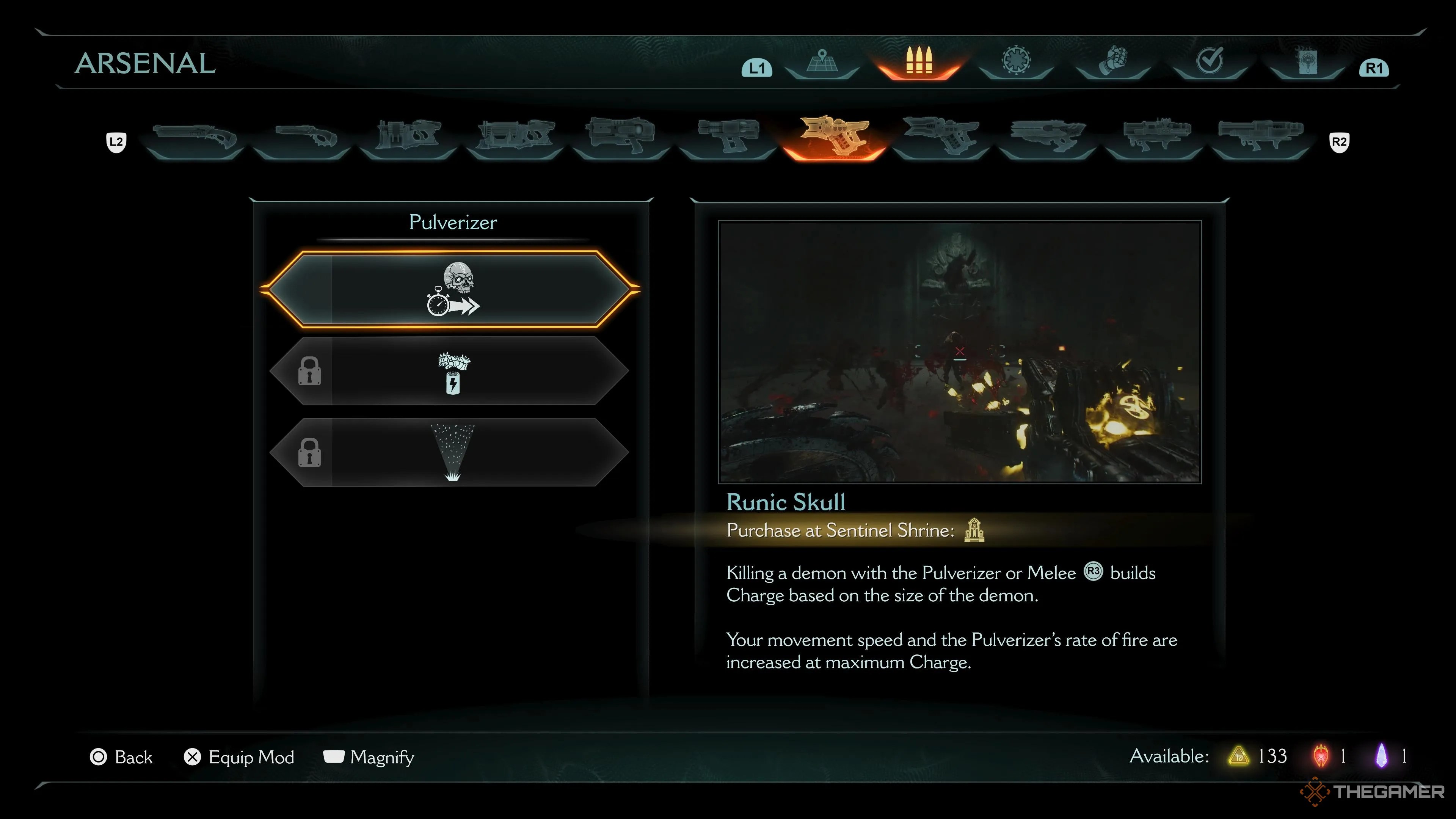 The Pulverizer upgrade screen in Doom: The Dark Ages.