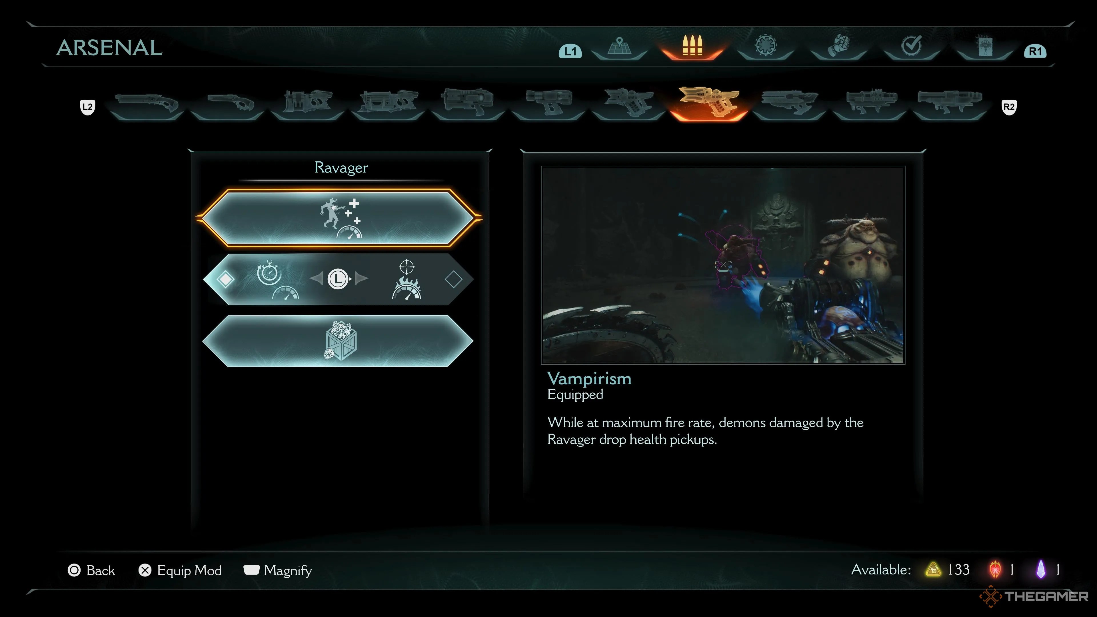 The Ravager upgrade screen in Doom: The Dark Ages.