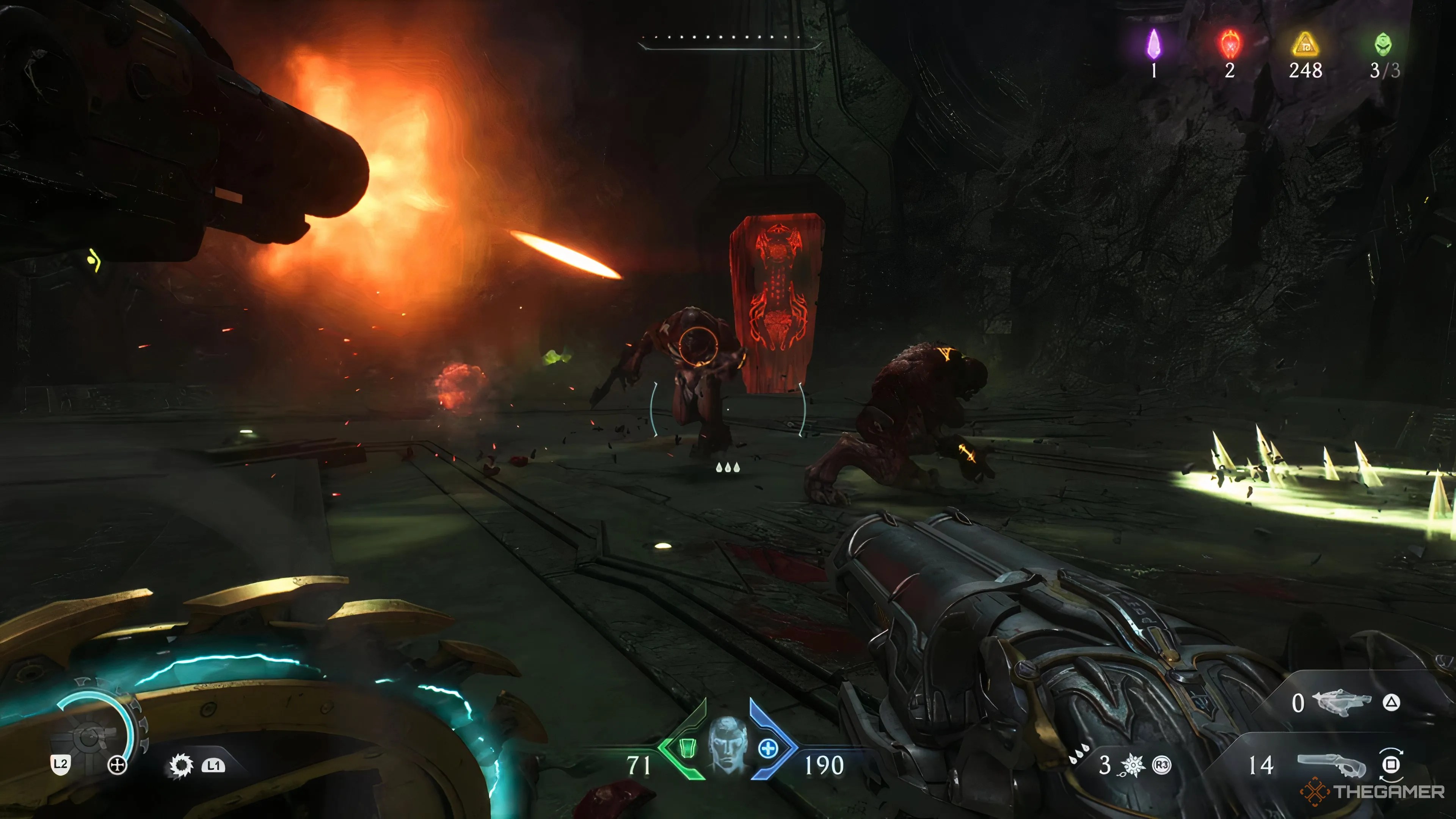 Shooting enemies with your auto turret in Doom: The Dark Ages.