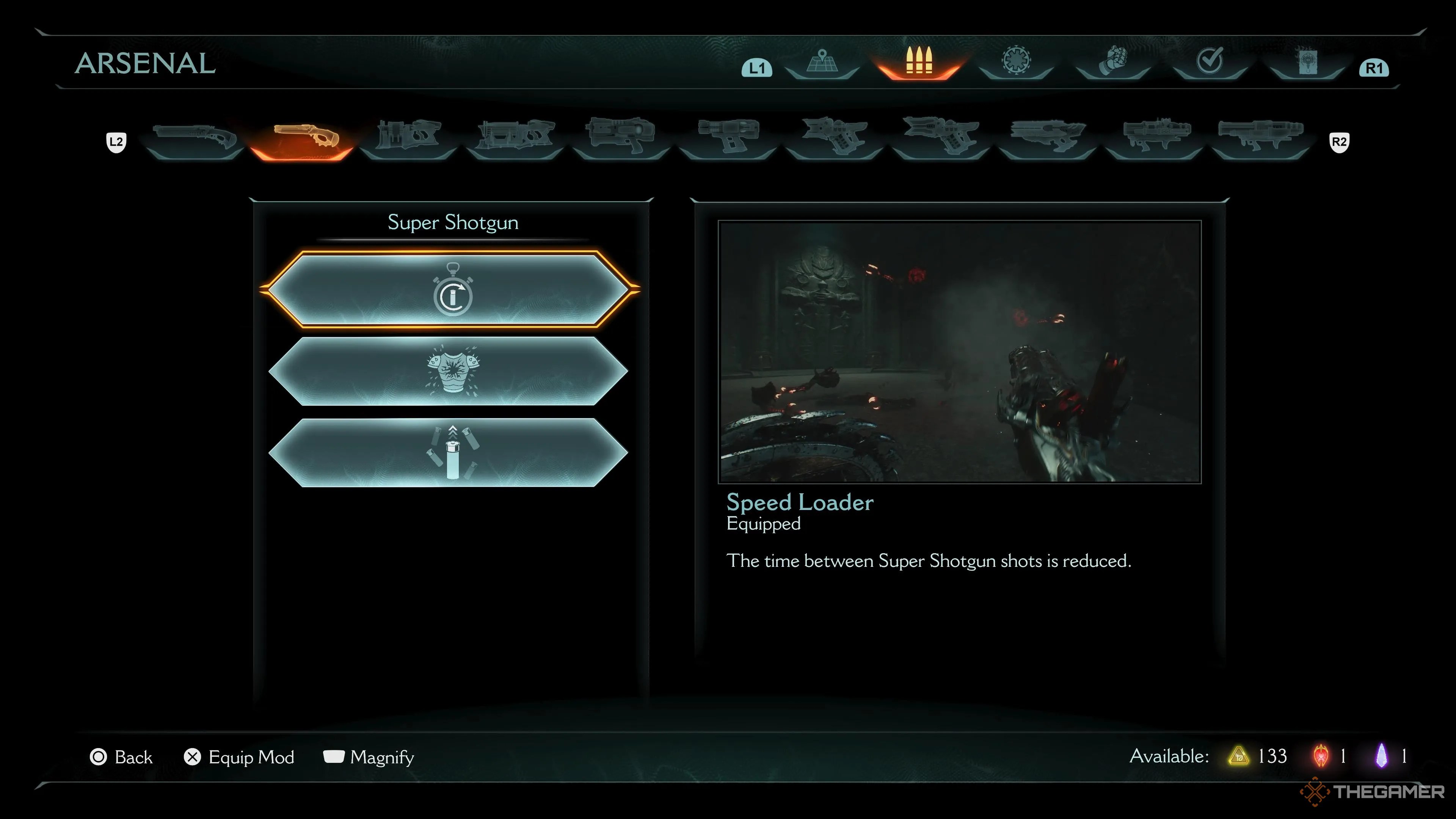 The Super Shotgun upgrade screen in Doom: The Dark Ages.