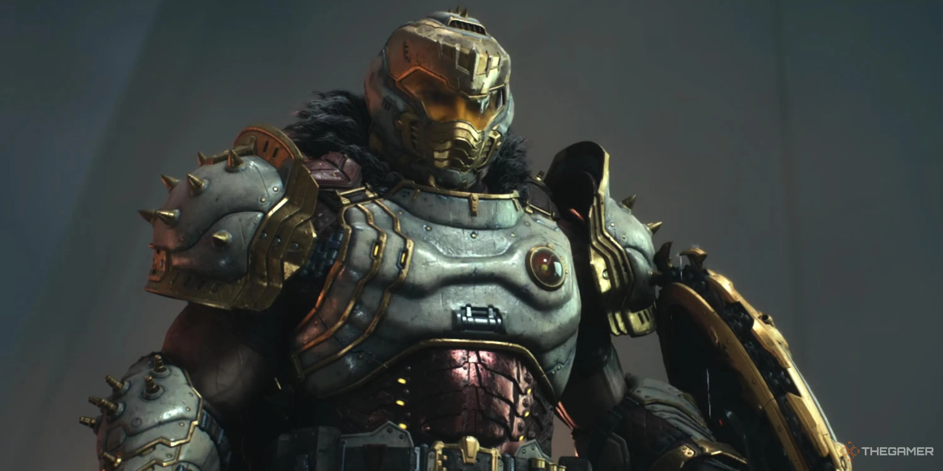 The Slayer standing with his shield in Doom: The Dark Ages.