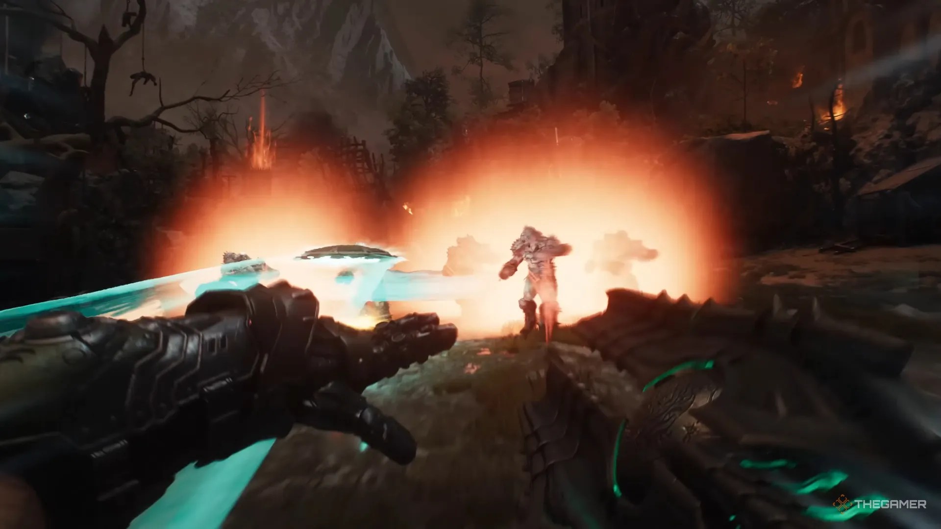 Exploding a group of Shield Soldiers in Doom The Dark Ages.