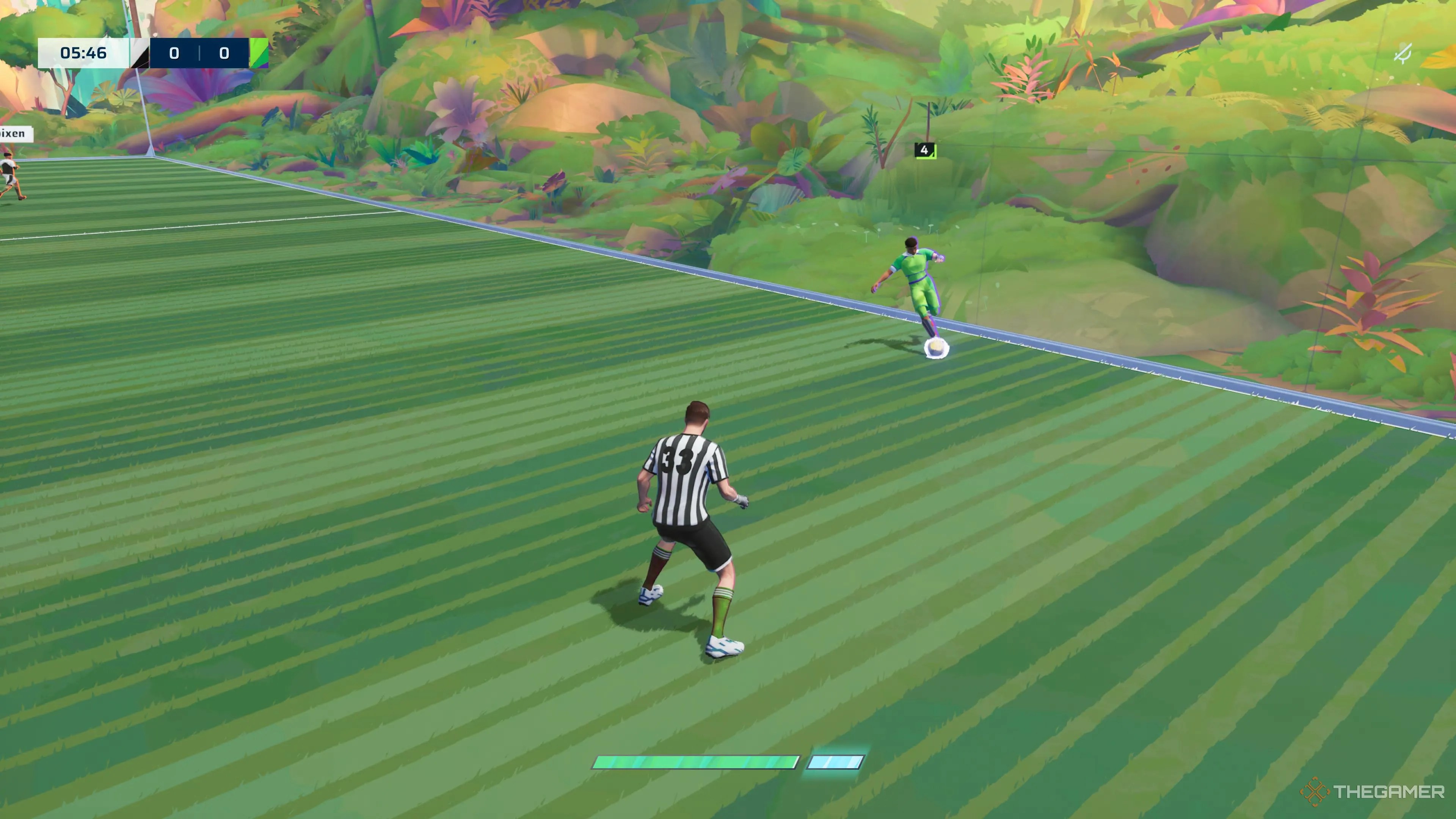 A defender cutting off a striker&rsquo;s path in Rematch.