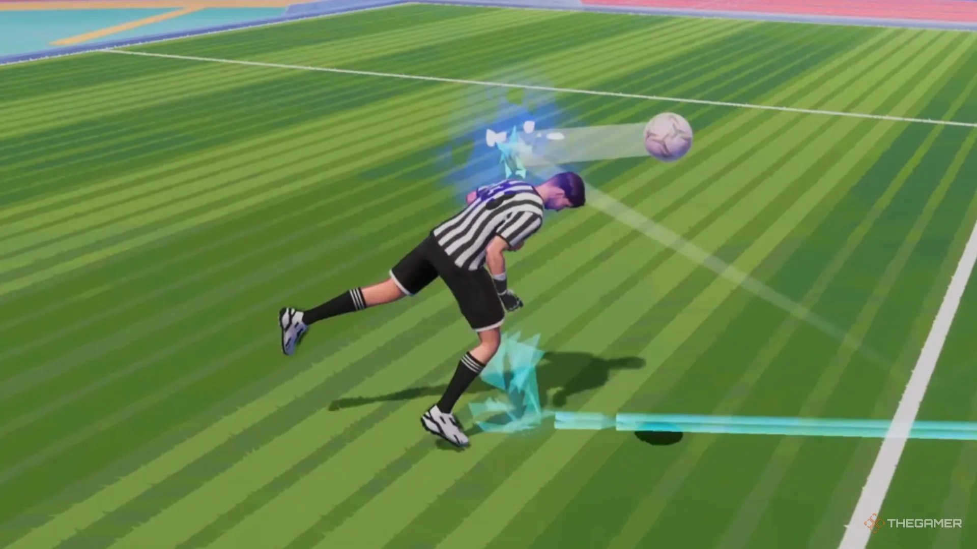 A defender heading the ball in Rematch.