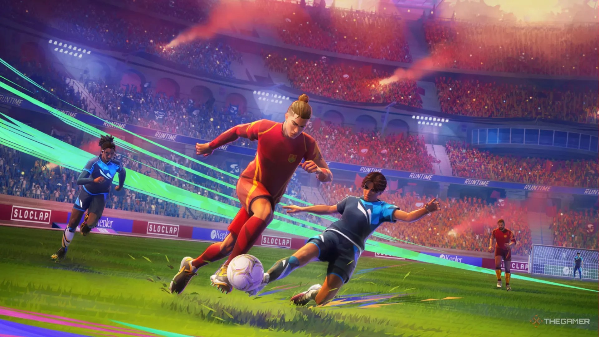 A defender performing a slide tackle while a striker heads toward the screen in Rematch.