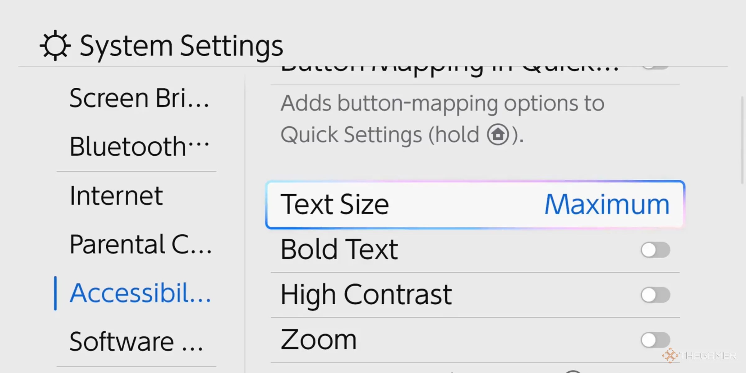The Nintendo Switch 2 Accessablity Settings highlighting over Text Size option with the text all set to Maximum size.