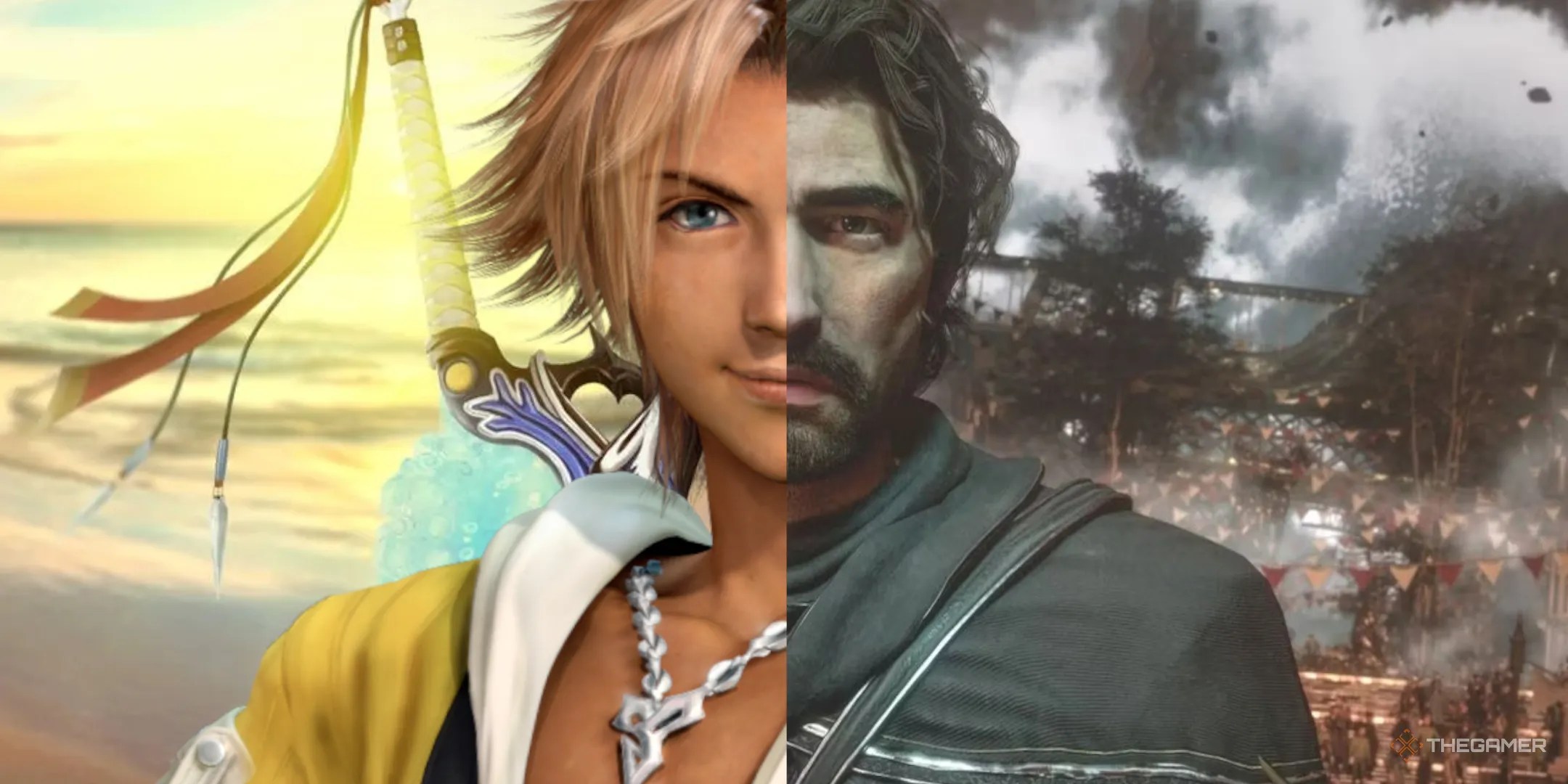 A split image with Tidus and Gustave.