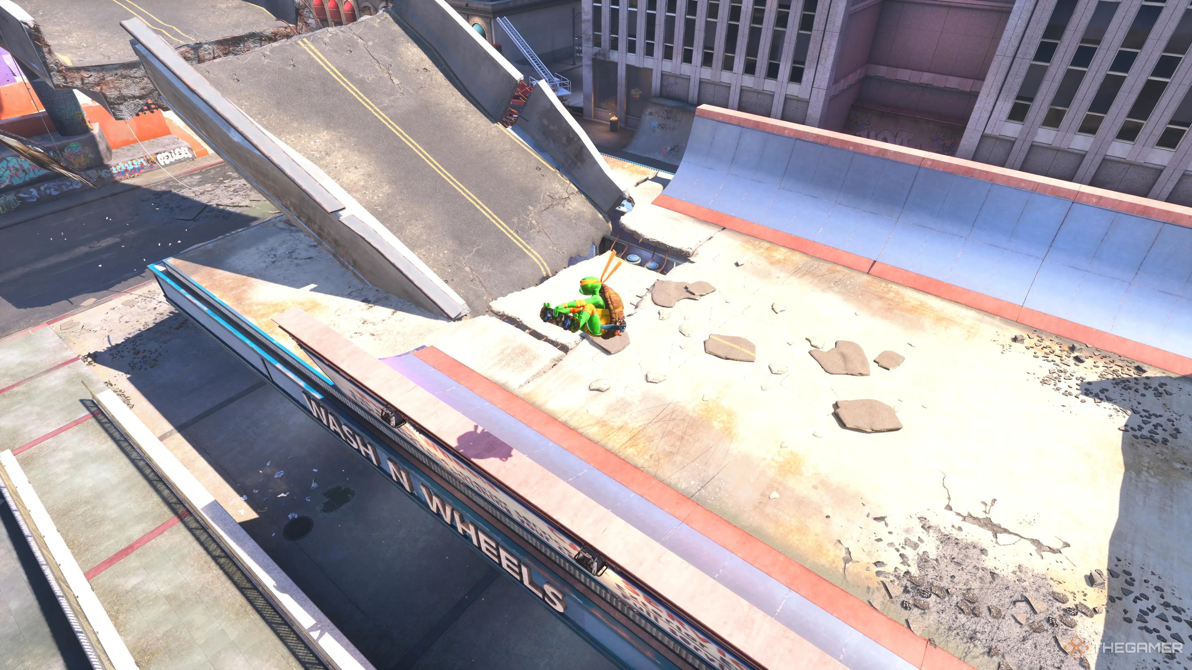 An aerial view of the broken overpass halfpipe in Tony Hawk&rsquo;s Pro Skater 3 + 4.