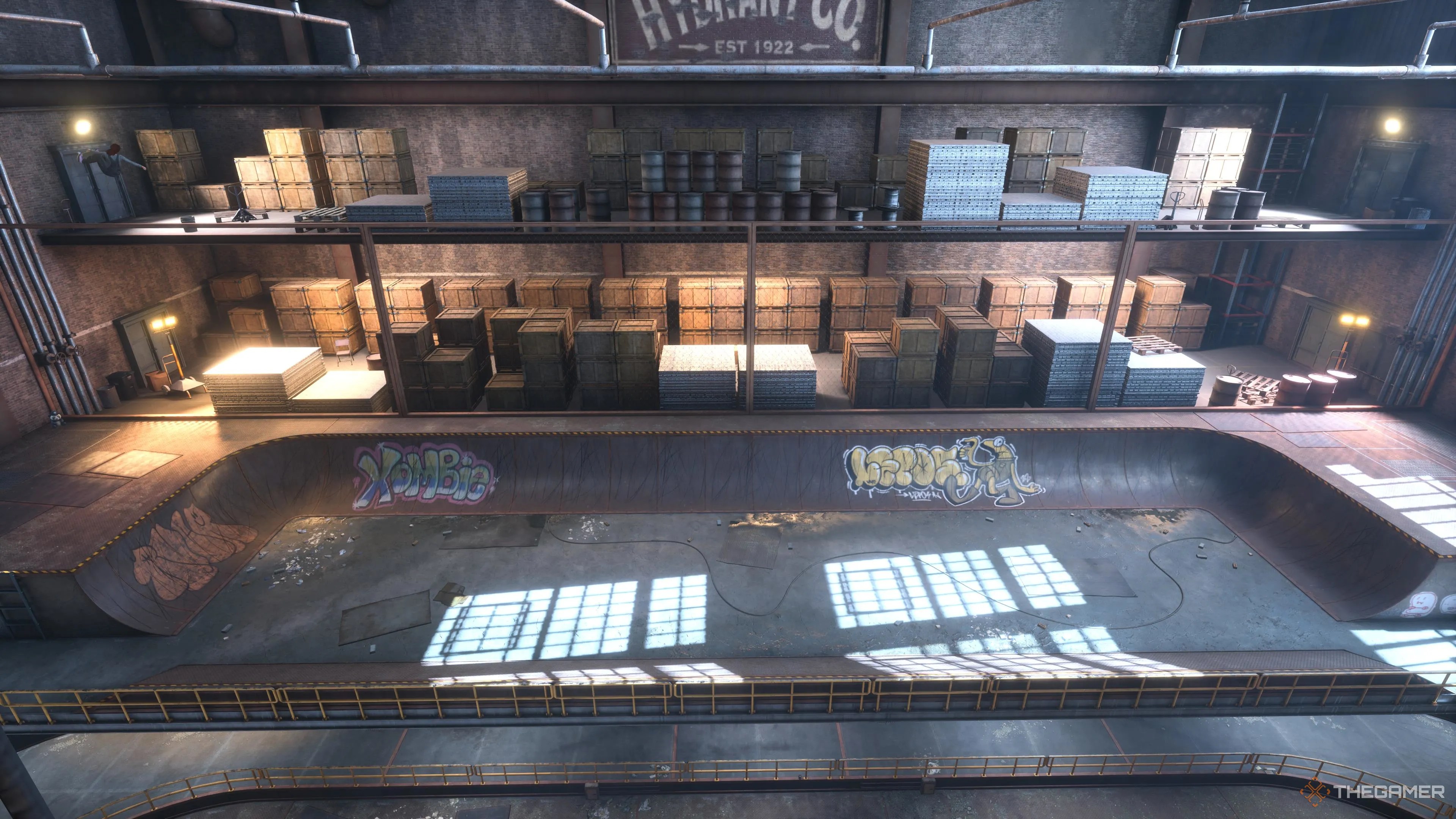 An aerial view of the halfpipe on the second floor of the Foundry in Tony Hawk&rsquo;s Pro Skater 3 + 4.
