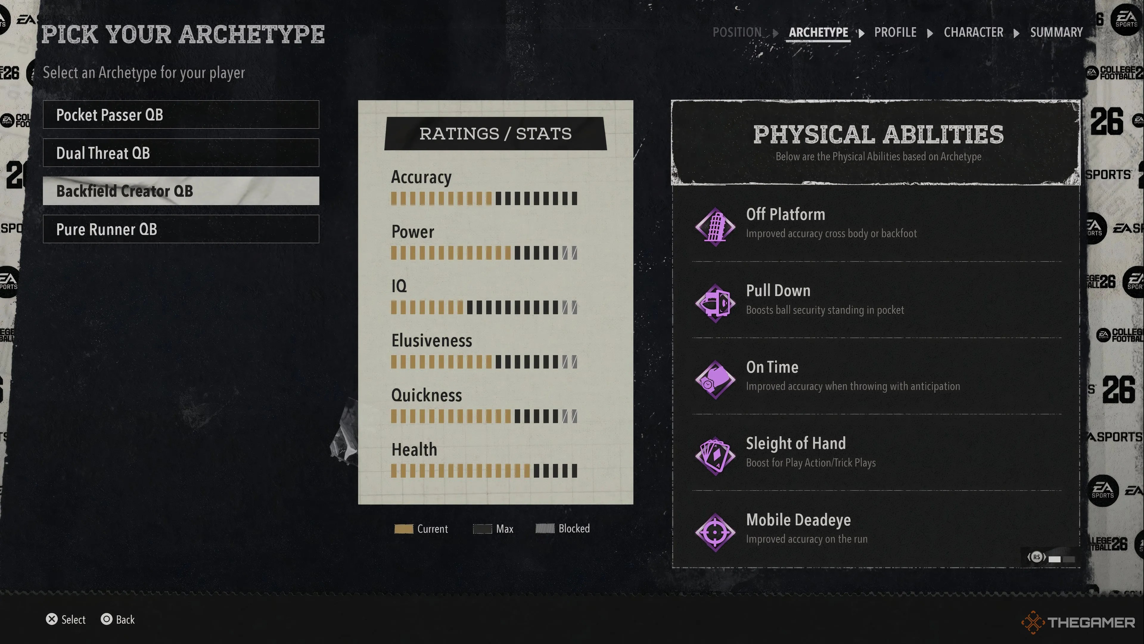 The Backfield Creator stats and physical ability suite in College Football 26.