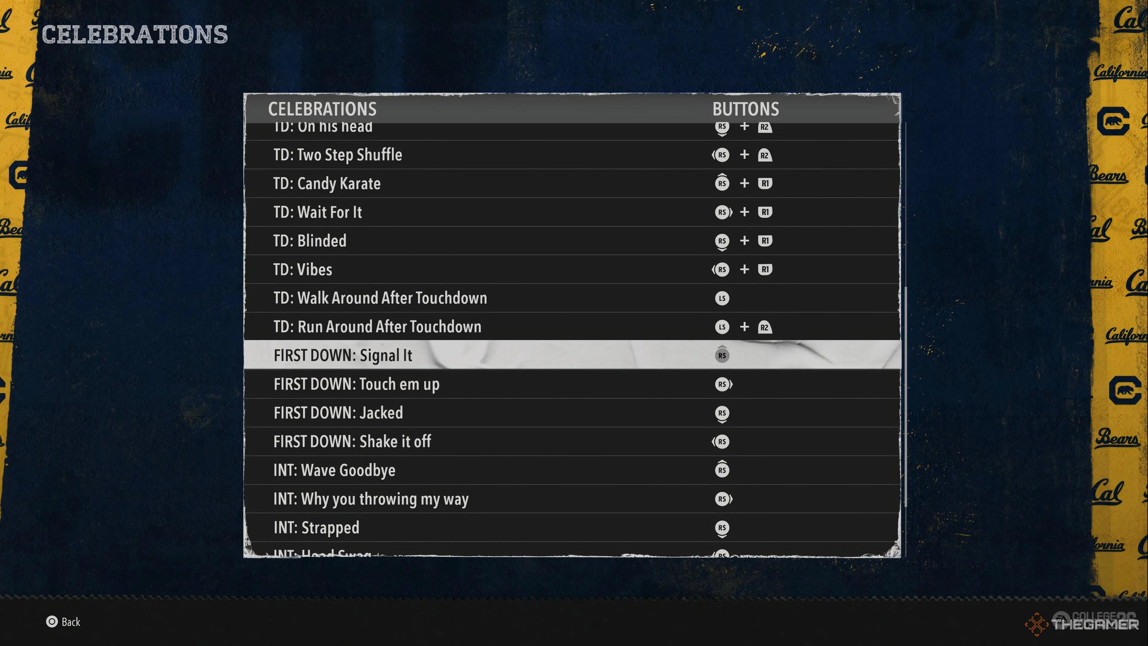 A menu displaying the first down celebration inputs in College Football 26.