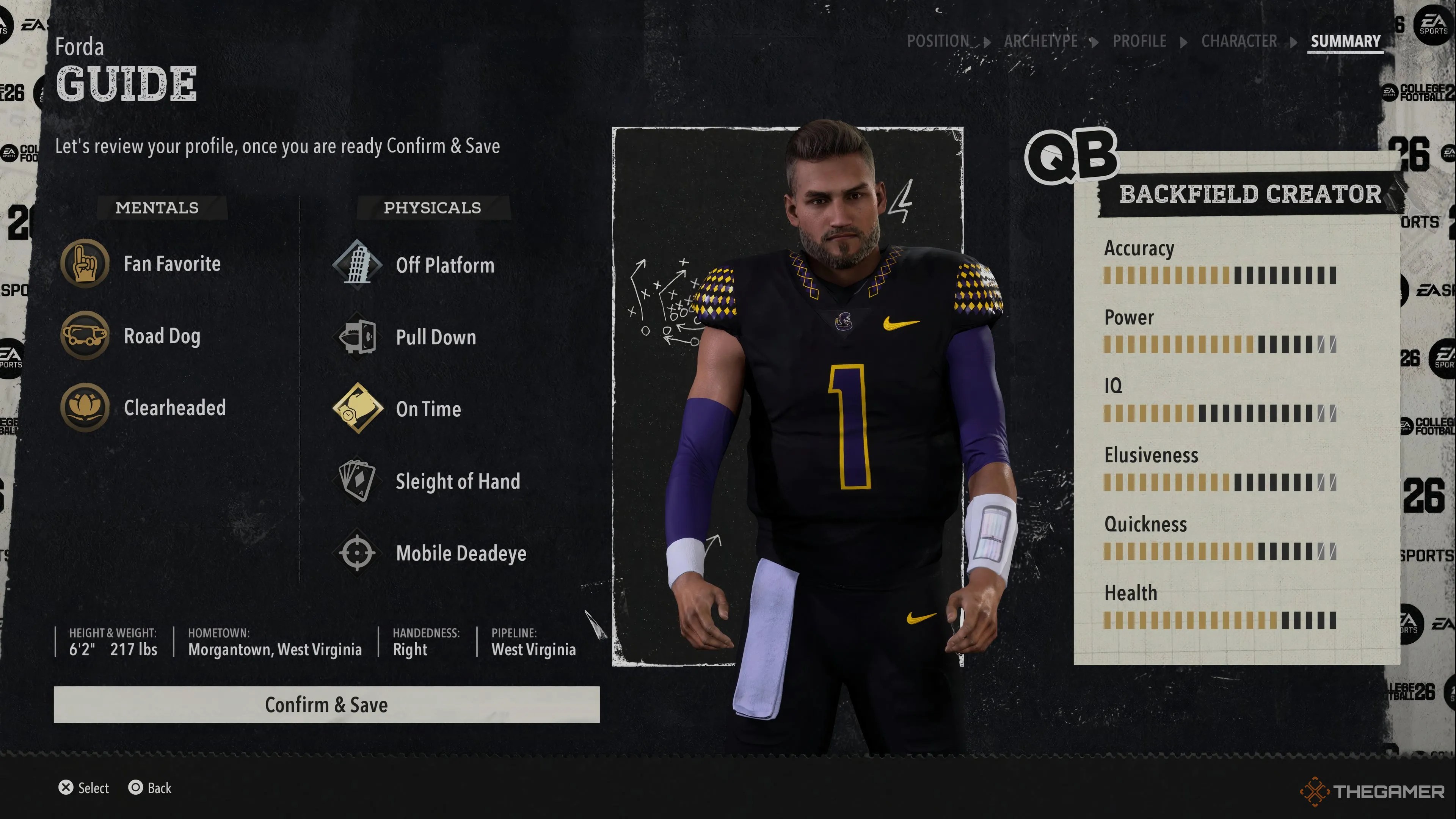 The character creation screen for Road to Glory in College Football 26.