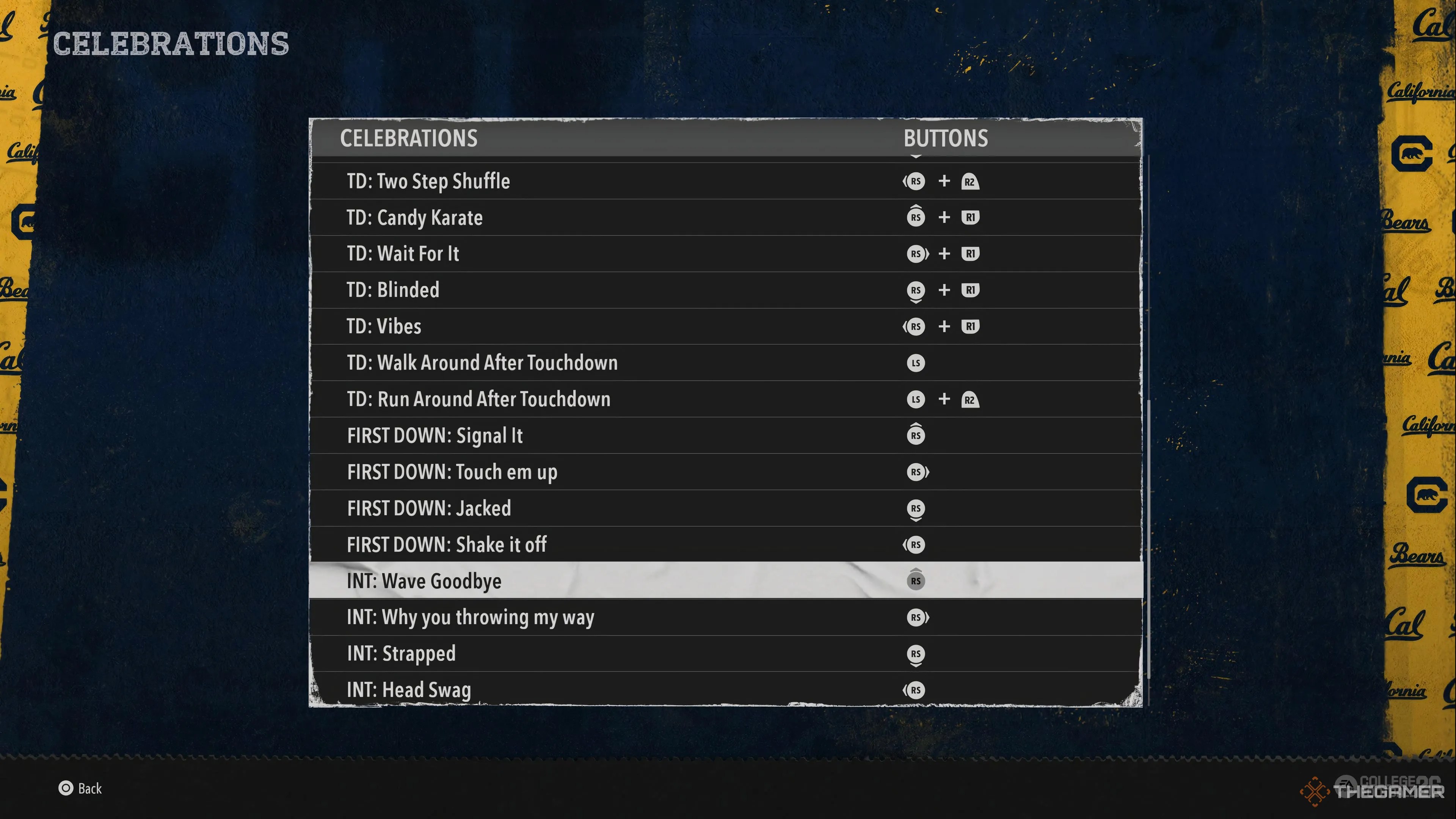 A menu displaying the interception celebration inputs in College Football 26.