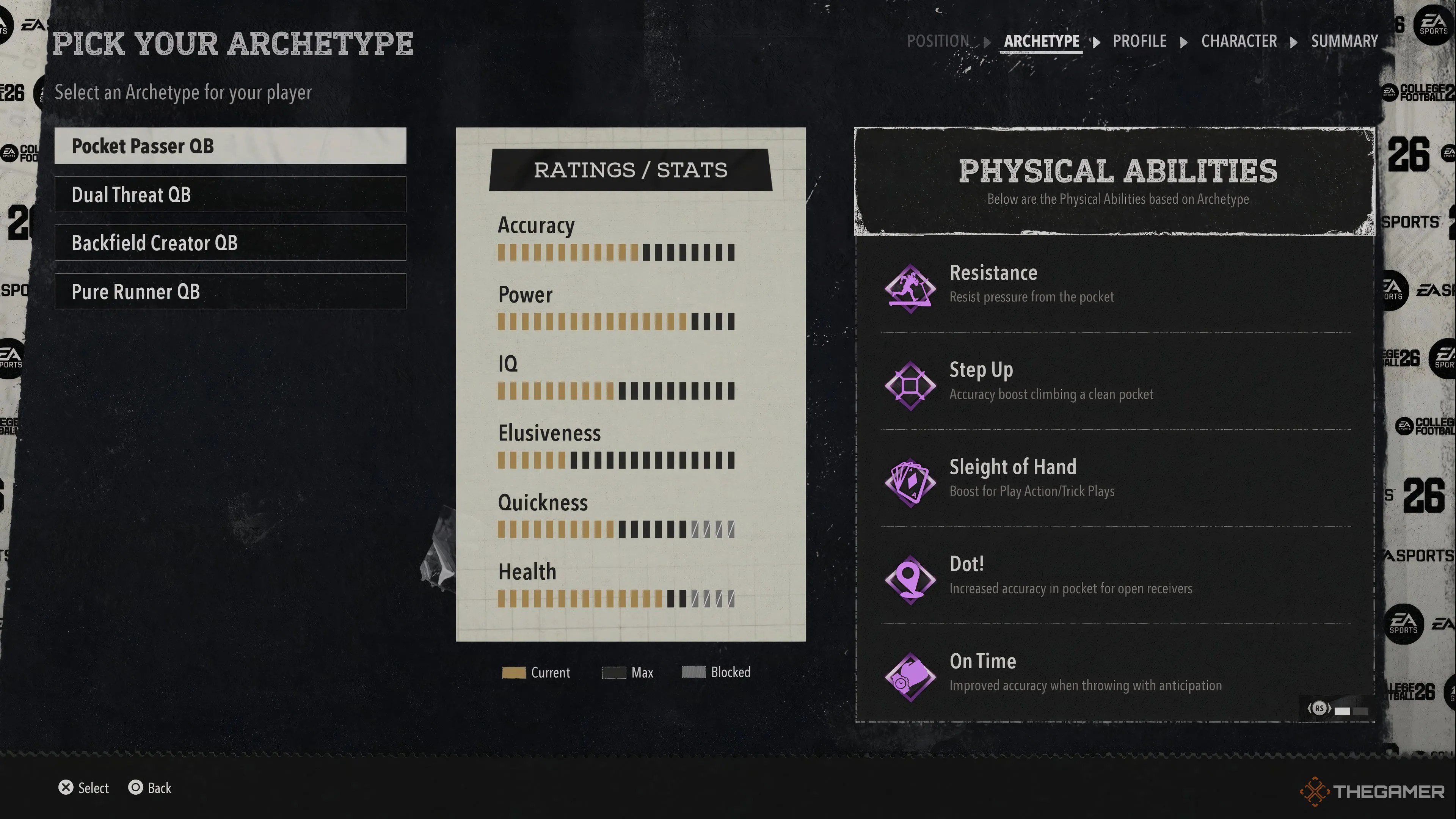 The Pocket Passer stats and physical ability suite in College Football 26.