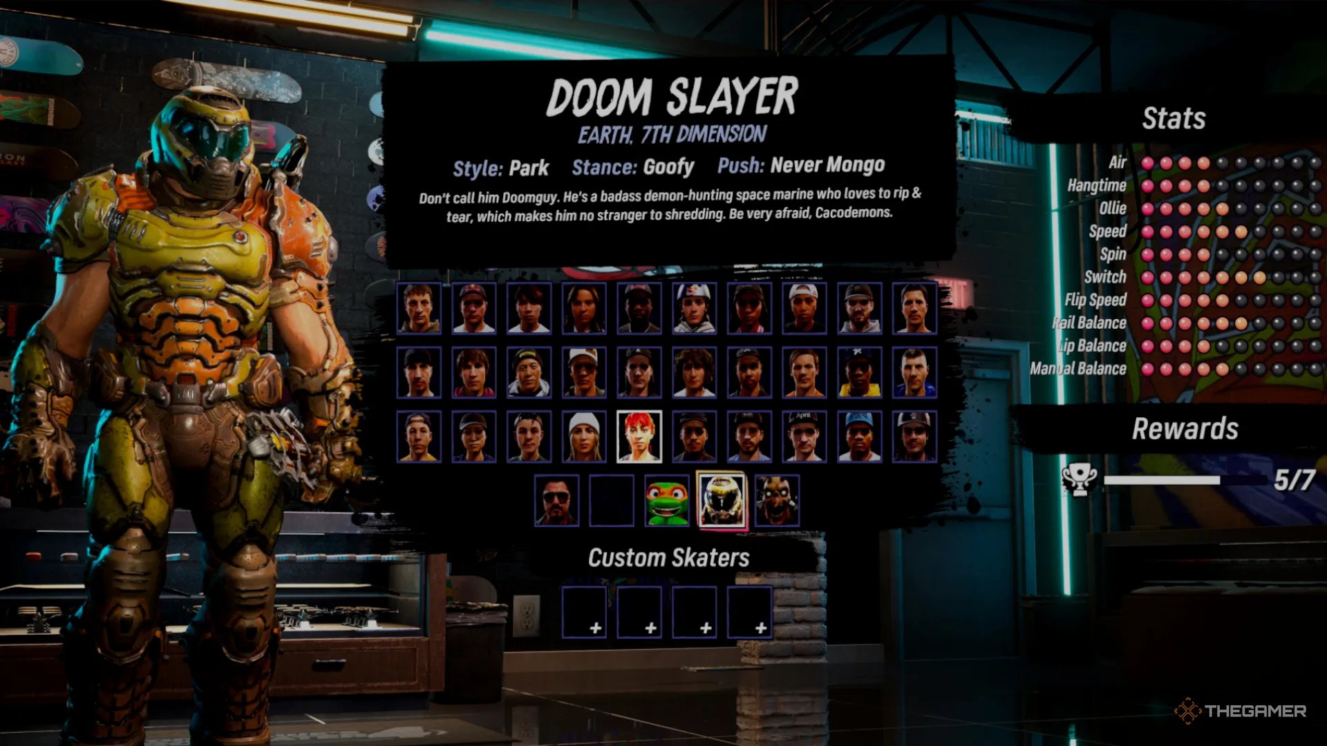 Doom Slayer&rsquo;s stat screen in Tony Hawk&rsquo;s Pro Skater 3 + 4.