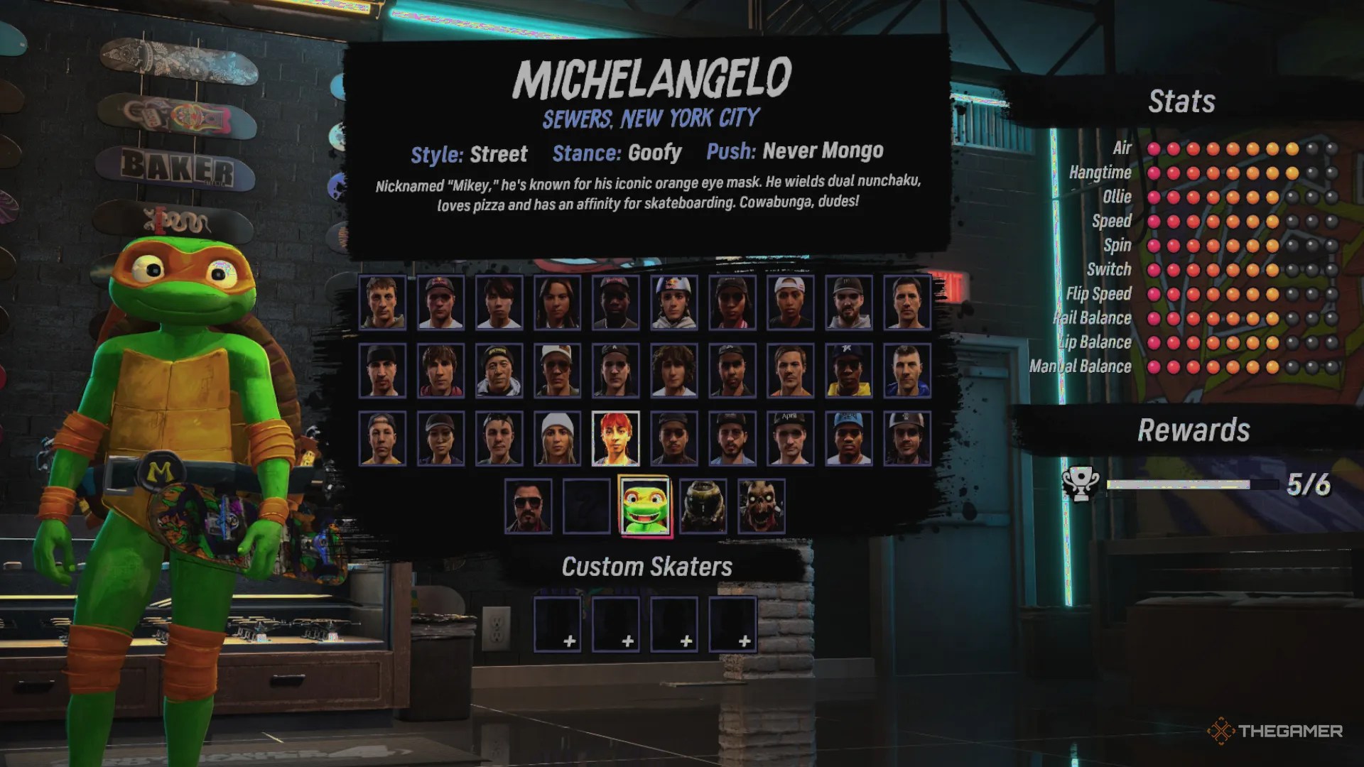 Michelangelo&rsquo;s stat screen in Tony Hawk&rsquo;s Pro Skater 3 + 4.