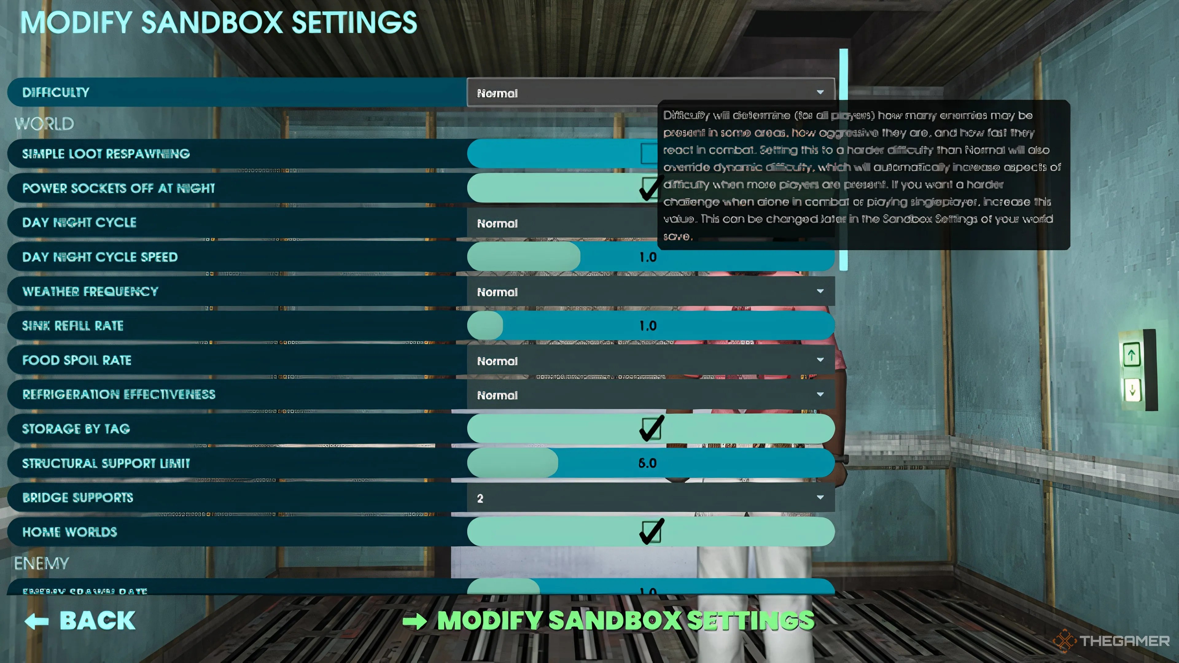 Sandbox Settings Menu for the Host of a Game to tweak in Abiotic Factor.
