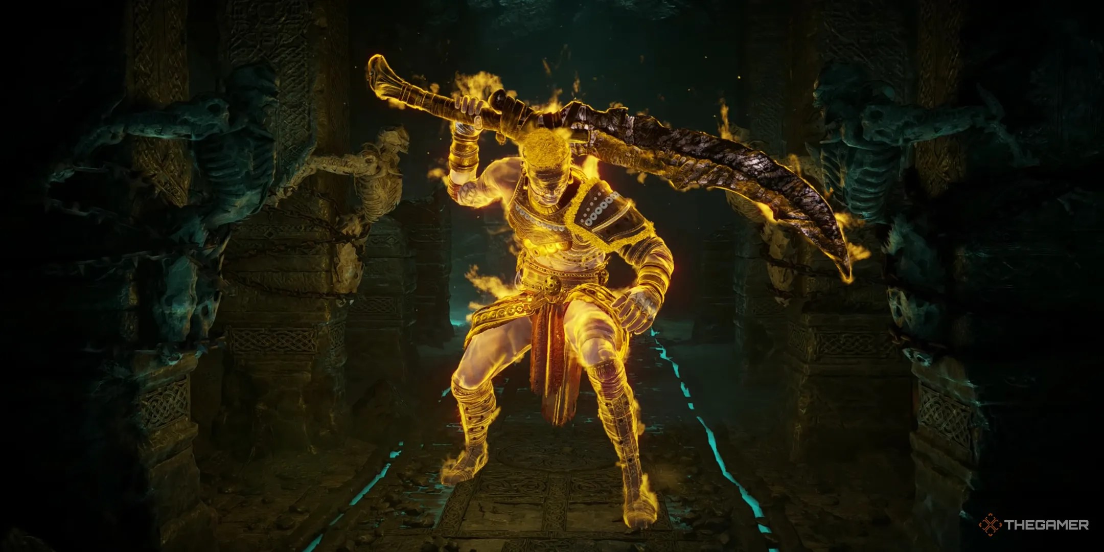 The Old Hero posing with their sword behind their back in Demon&rsquo;s Souls.