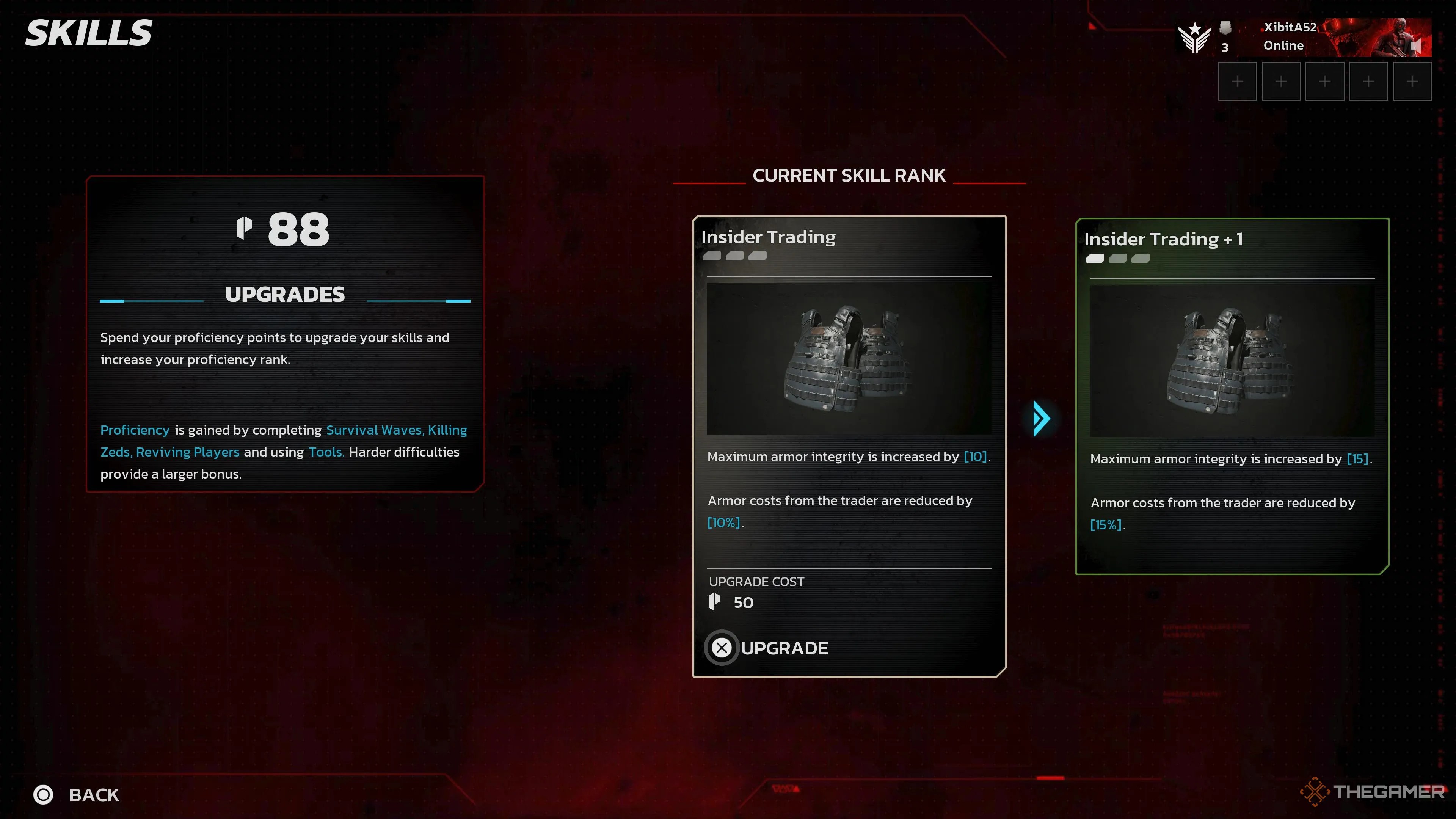 Upgrading the Insider Trading skill in Killing Floor 3.
