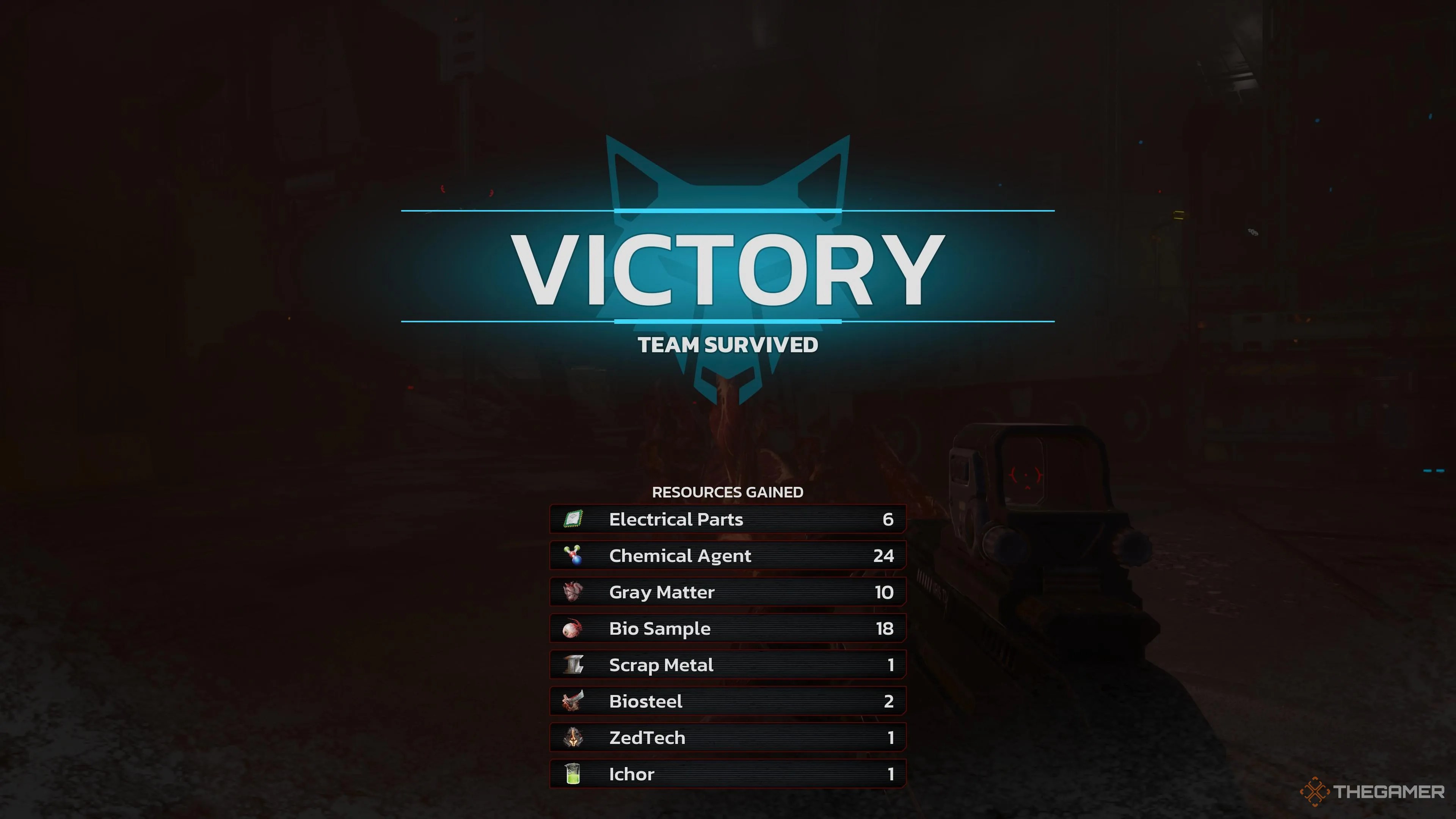 The victory screen and all the resources a player earned in Killing Floor 3.