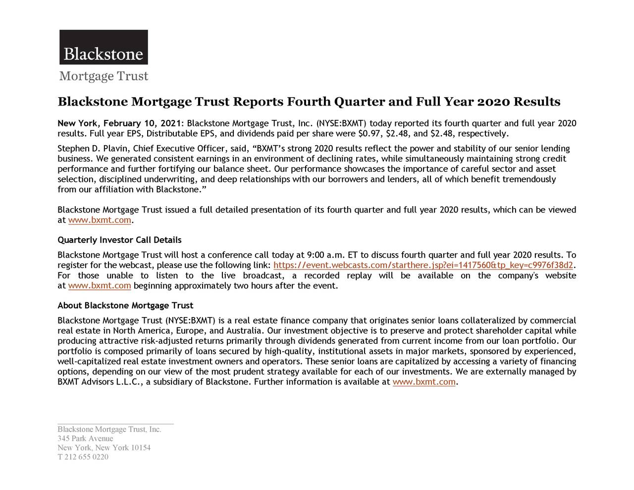 Blackstone Mortgage Trust, Inc. 2020 Q4 Results Earnings Call