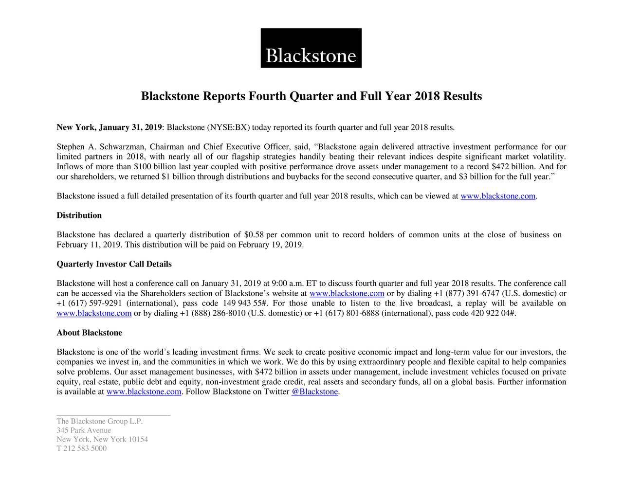 The Blackstone Group L.P. 2018 Q4 Results Earnings Call Slides