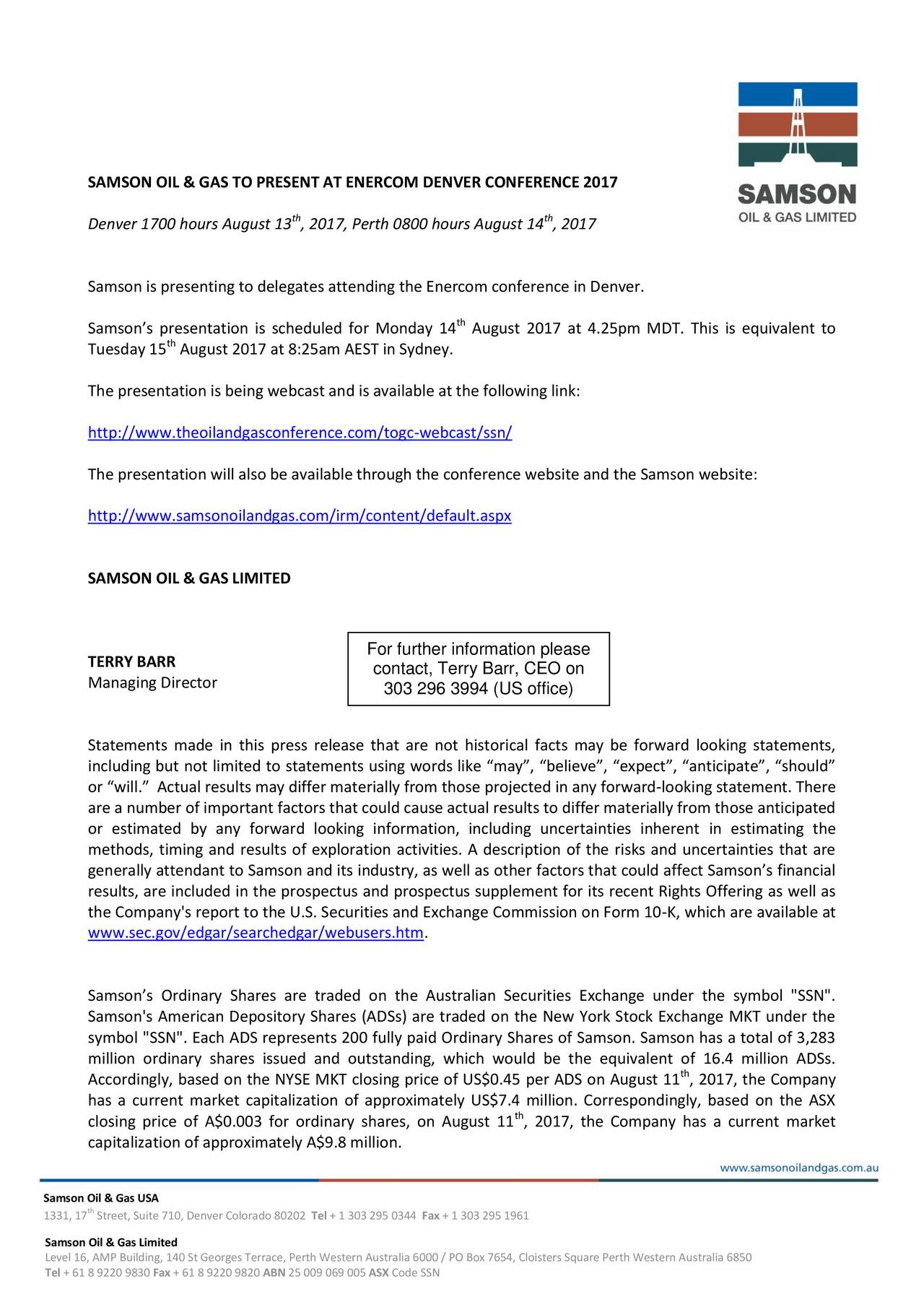 Samson Oil & Gas (SSN) Presents At Oil & Gas Conference