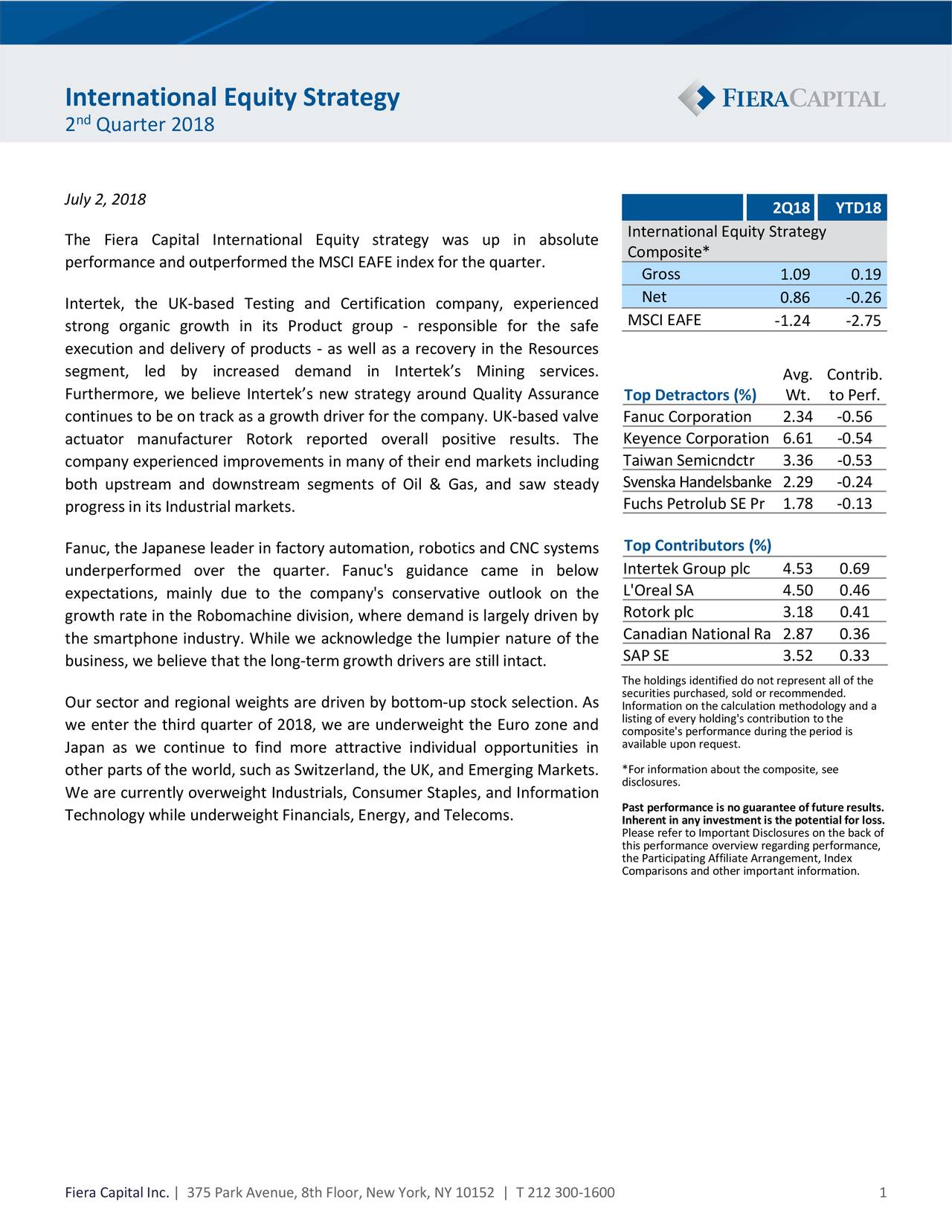 International Equity Strategy Q2 2018 Commentary (OTCMKTSIKTSF