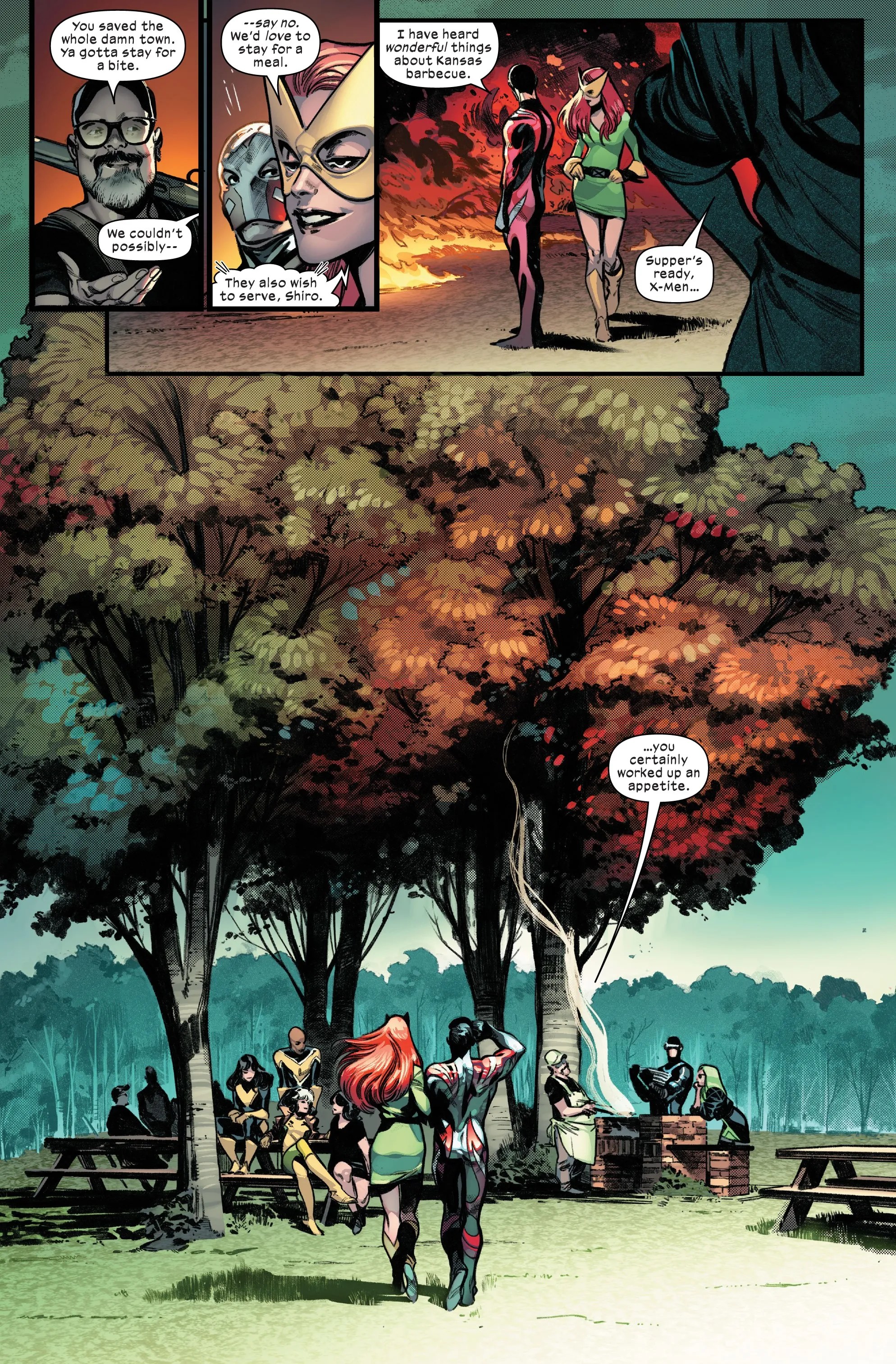 X-Men have food with the humans