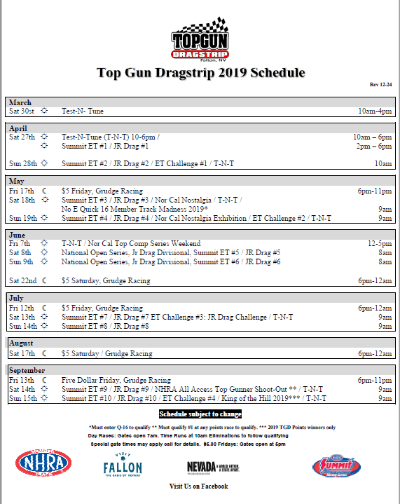 Top Gun Dragstrip 2019 Schedule