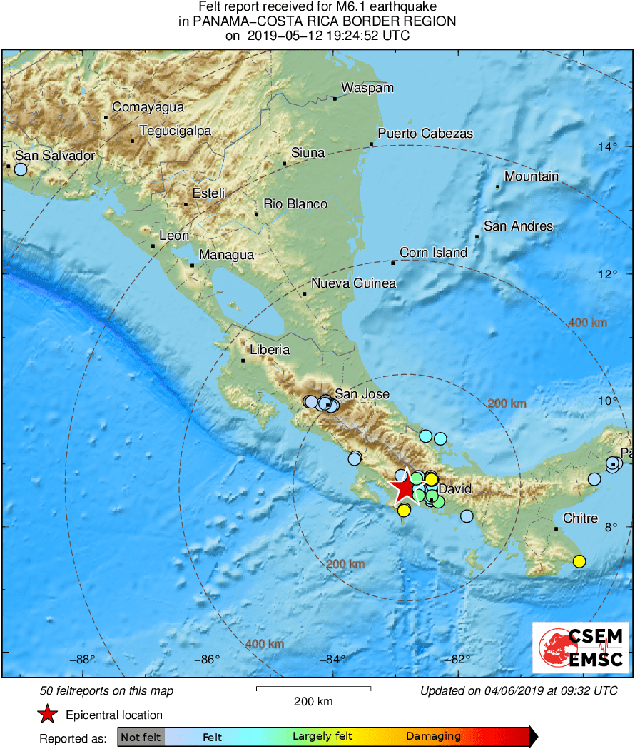 Map Of Panama And Costa Rica 20190512 Mw 6.1 PANAMACOSTA RICA BORDER REGION
