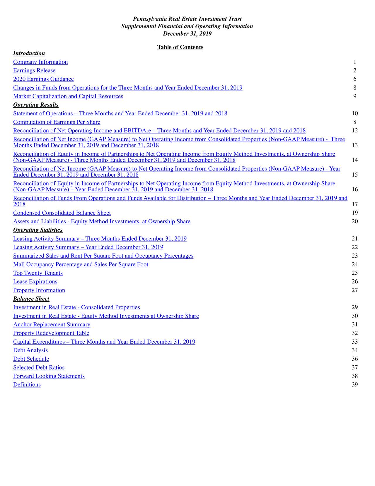 Pennsylvania Real Estate Investment Trust 2019 Q4 Results Earnings