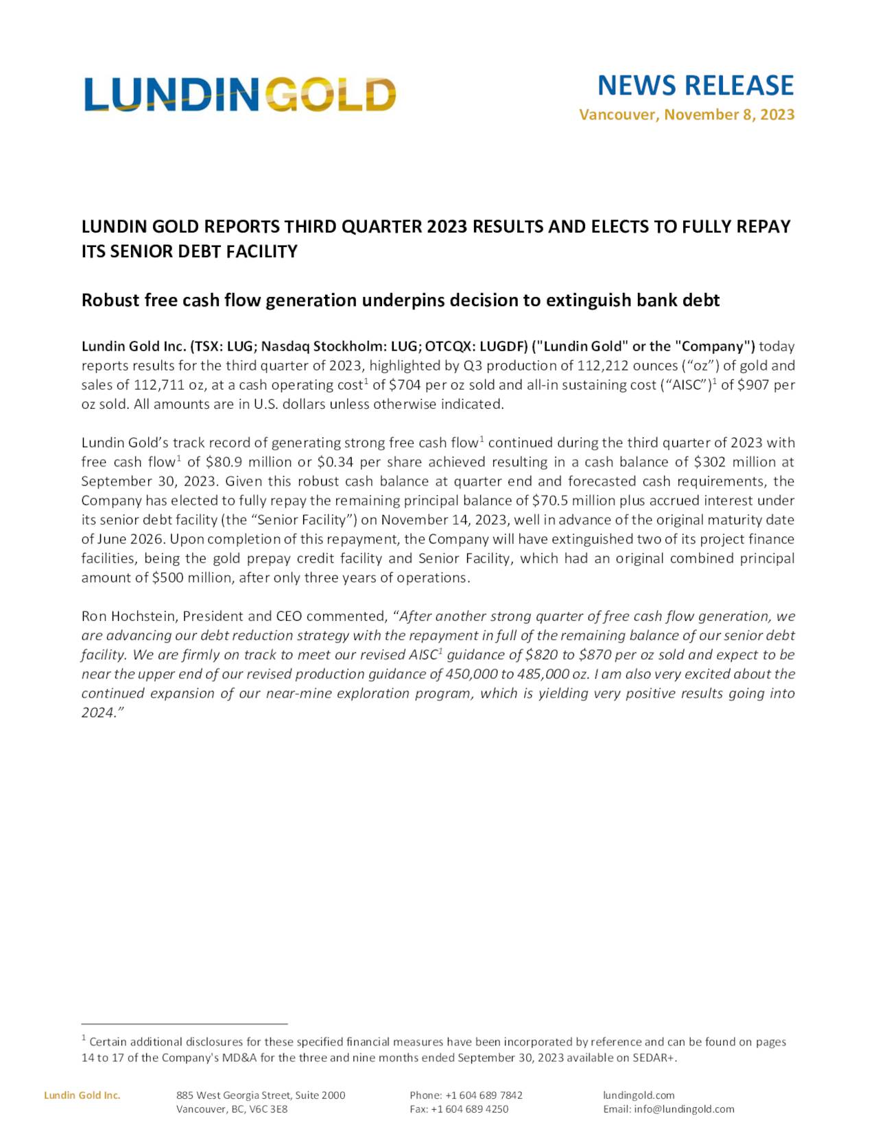 Lundin Gold Inc. 2023 Q3 Results Earnings Call Presentation