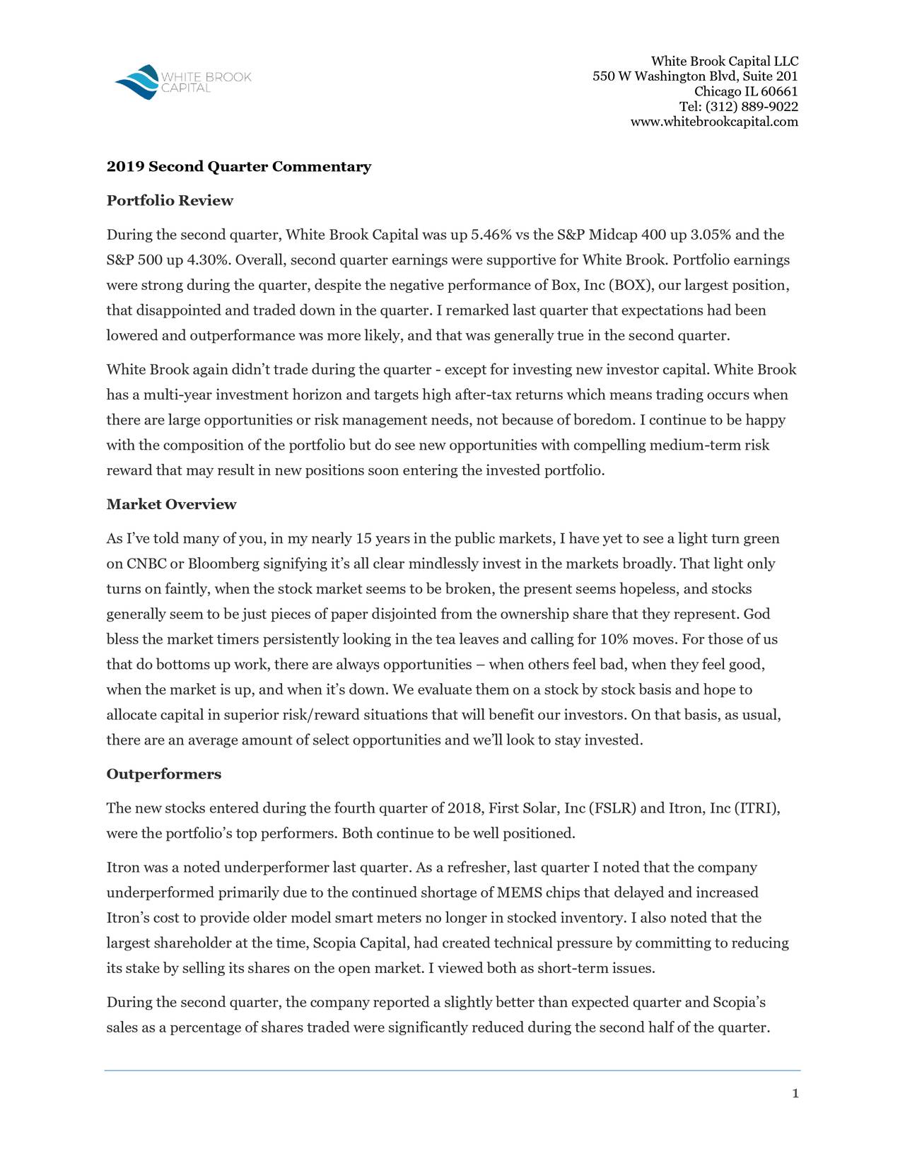 White Brook Capital LLC Q2 2019 Commentary Seeking Alpha