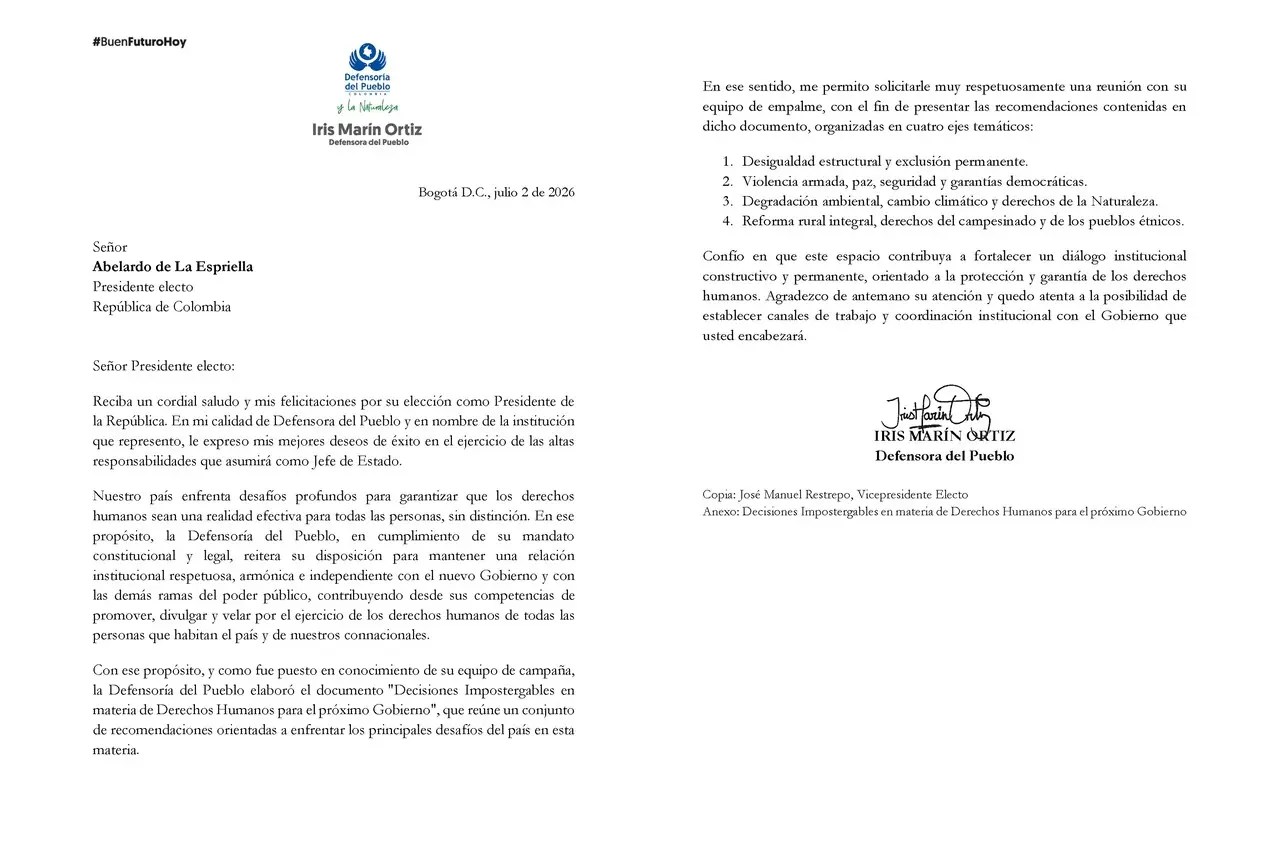 Defensoría del Pueblo marca la cancha: envía carta formal al presidente electo Abelardo De La Espriella 2 defensa espriella