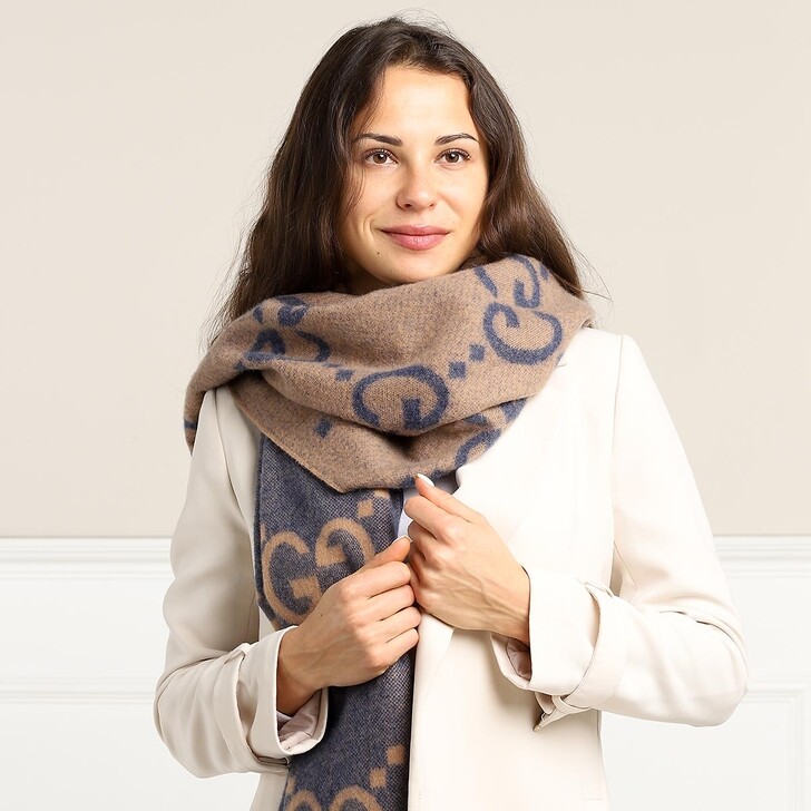 Gucci Gg Scarf Cashmere Sapphire/Beige | Kasjmier Sjaal | Fashionette