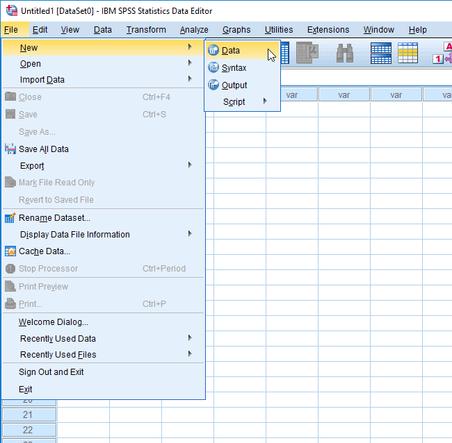 Creating a new file in SPSS Statistics versions 22 to 25 (and the
