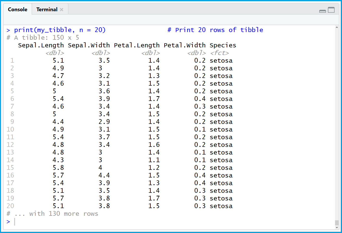 Print Entire tibble to R Console (dplyr) Dsiplay N / All Rows in RStudio