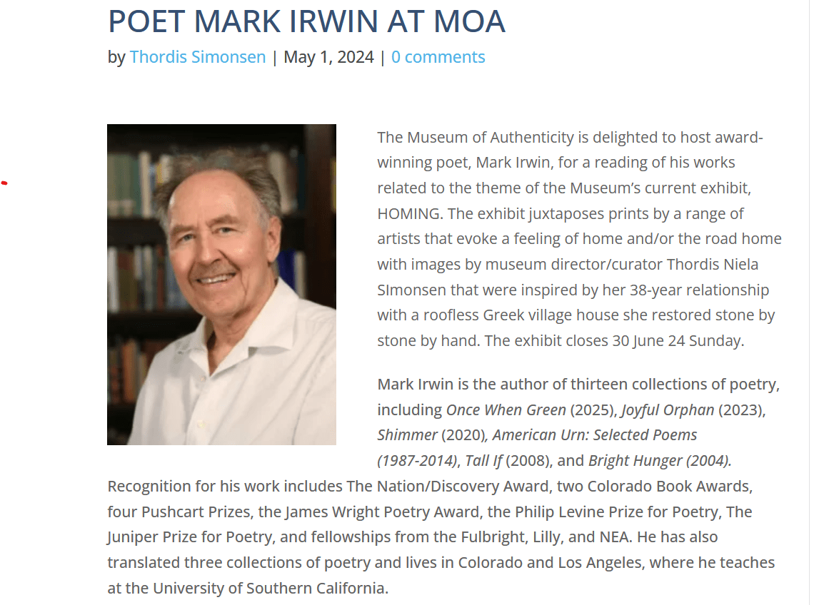 Poet Mark Irwin to read at Salida’s Museum of Authenticity… Stay In